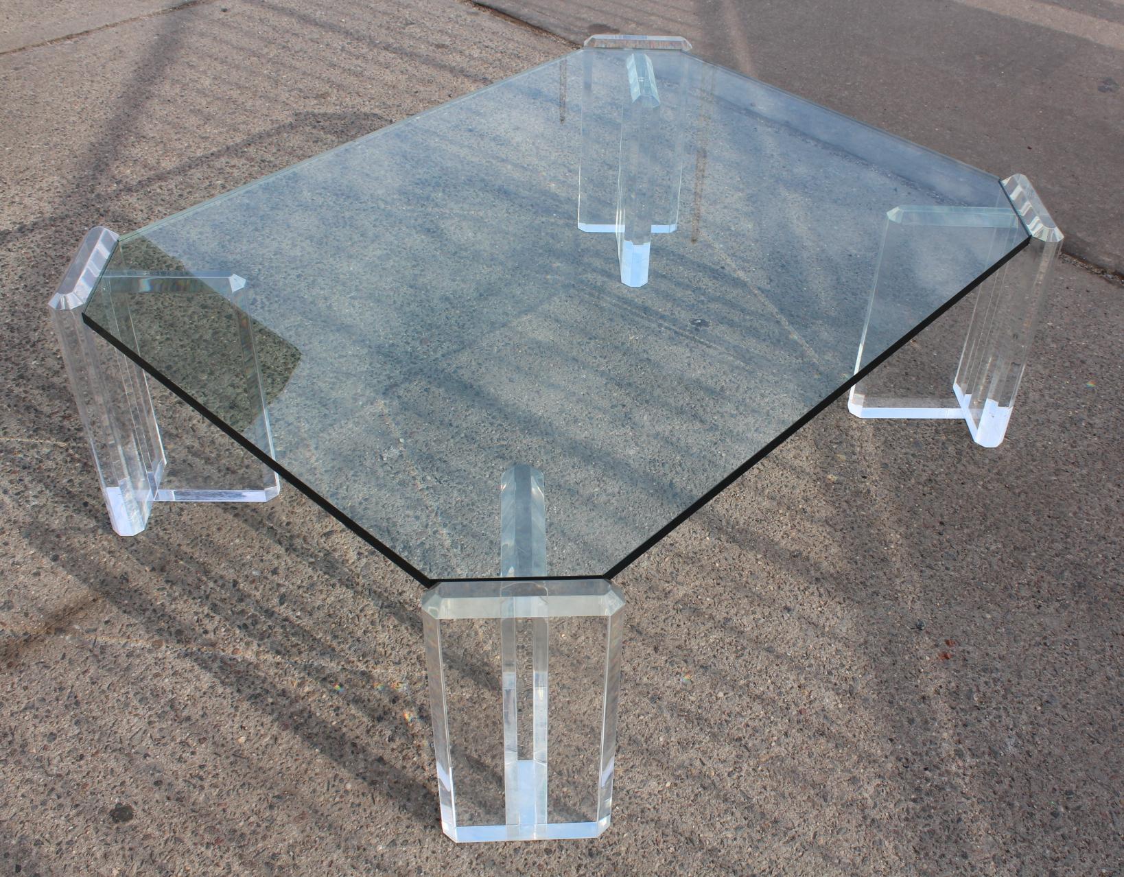 Karl Springer Style Coffee Table with Lucite Block Legs and Glass Top 3