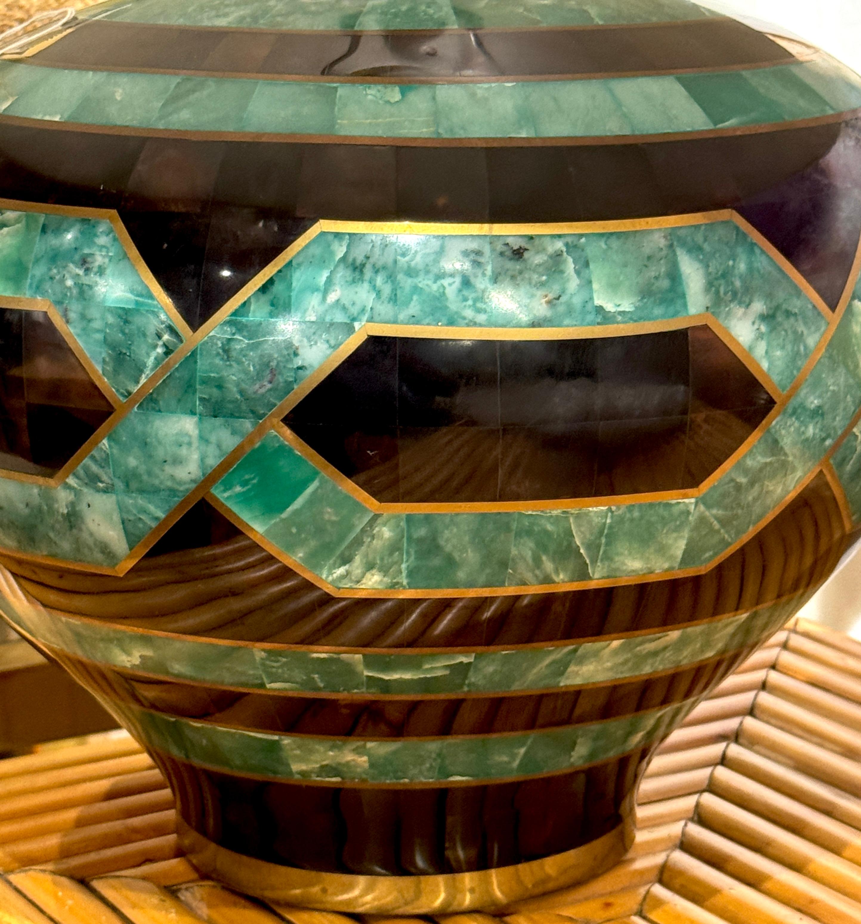Inlay Karl Springer Style Coromandel, Malachite Lacquer & Brass Inlaid Table Lamp For Sale