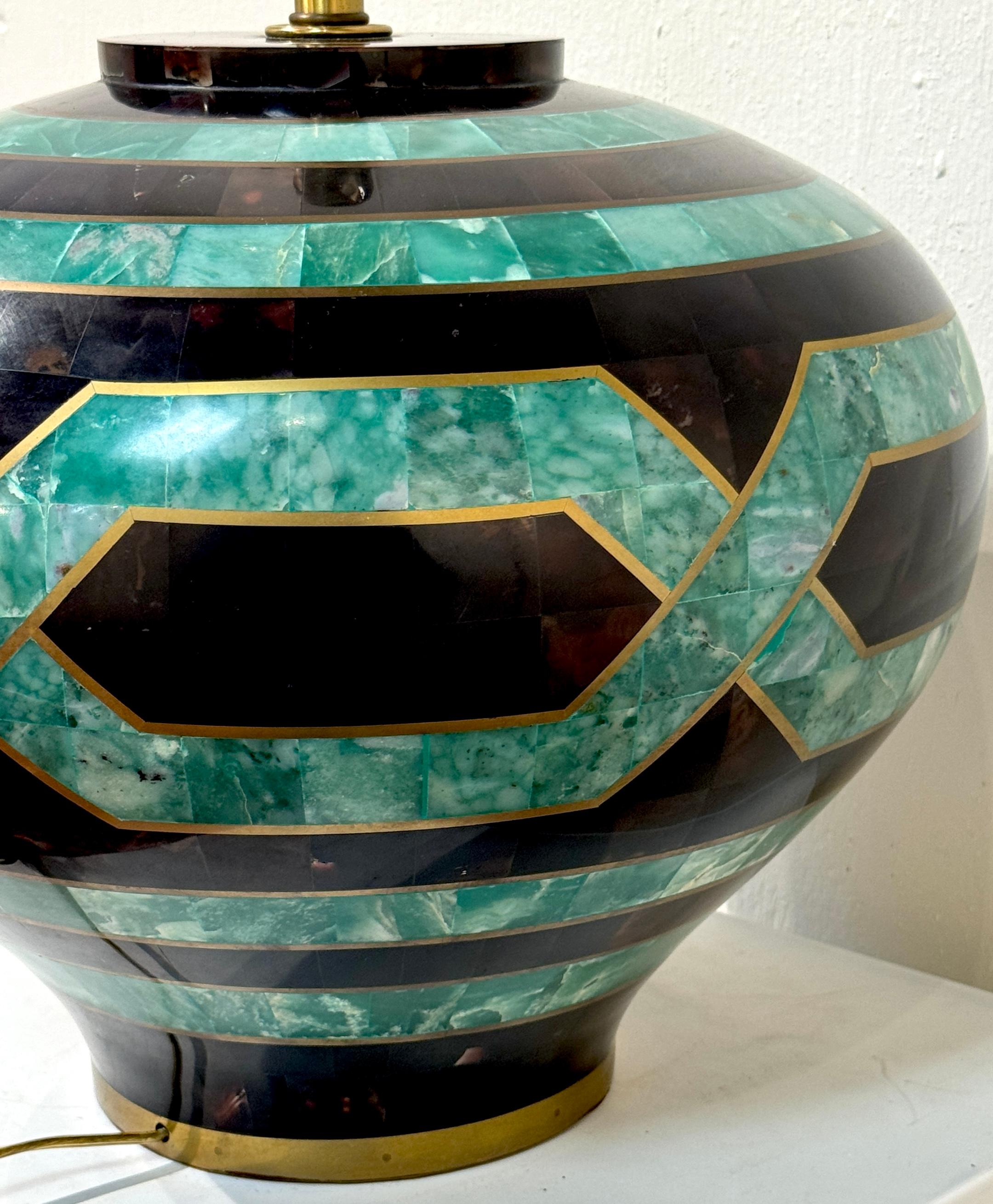 Karl Springer Style Coromandel, Malachite Lacquer & Brass Inlaid Table Lamp For Sale 3