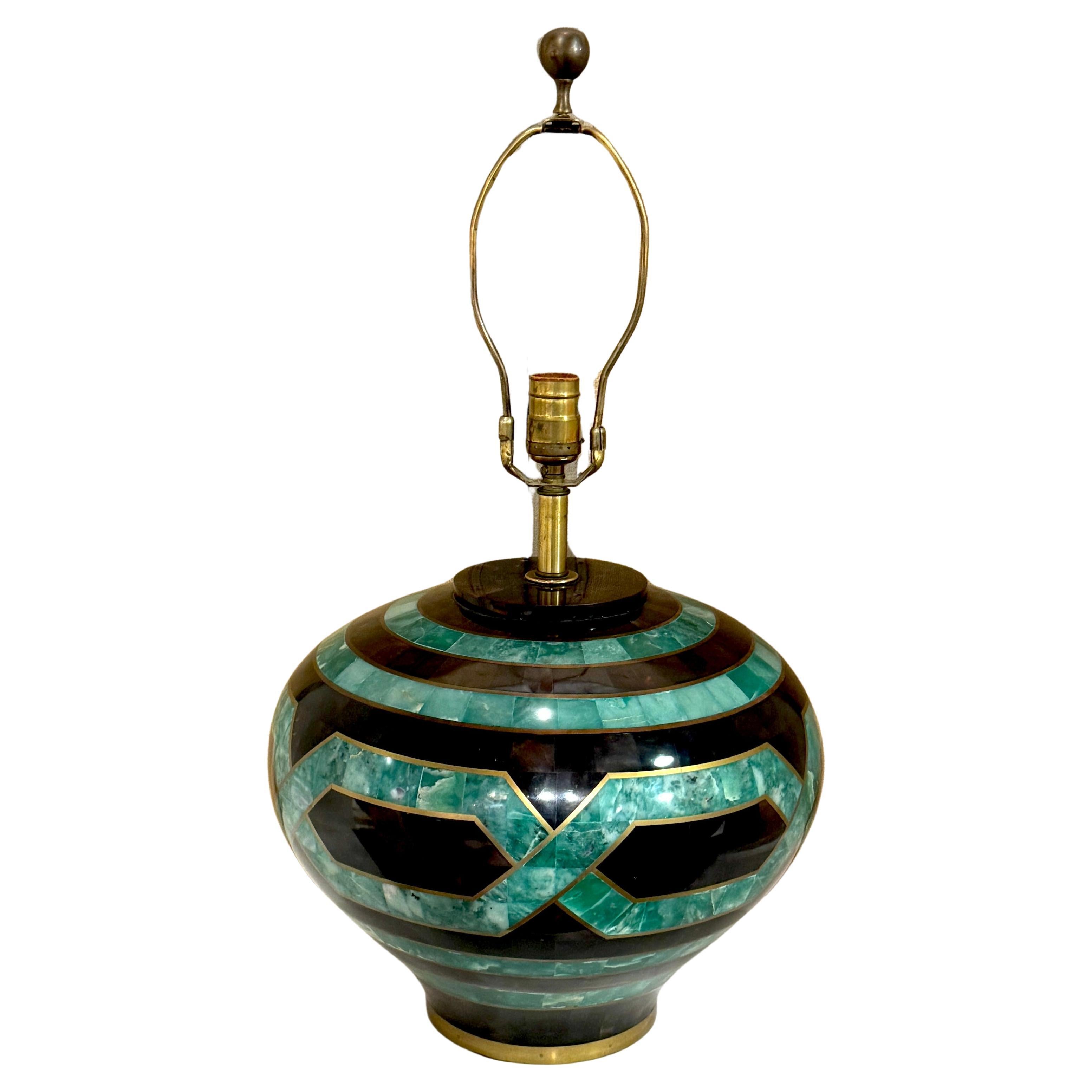 Karl Springer Style Coromandel, Malachite Lacquer & Brass Inlaid Table Lamp
