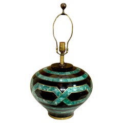 Karl Springer Style Coromandel, Malachite Lacquer & Brass Inlaid Table Lamp