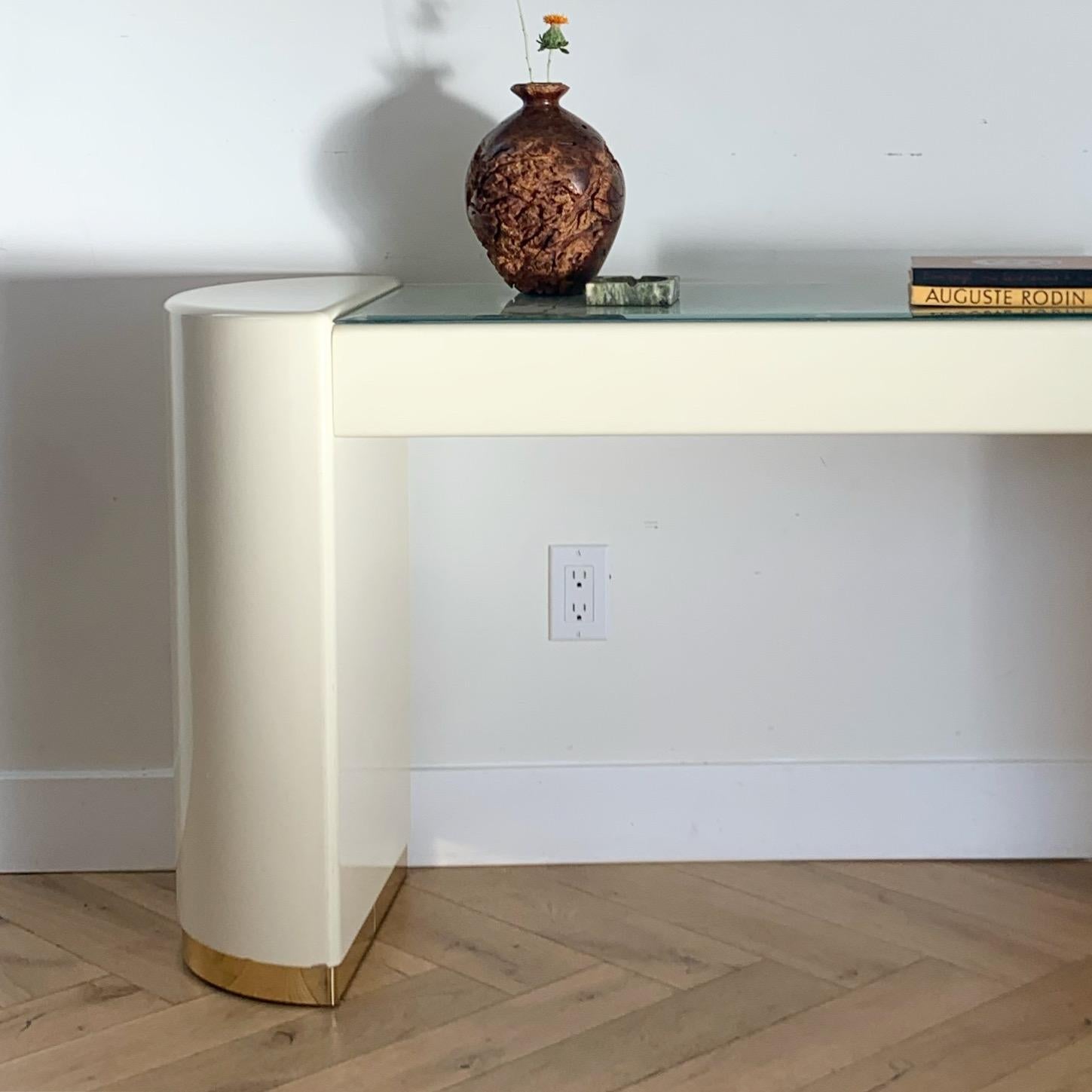 Karl Springer Style Cream Lacquer Console with Gold and Glass, Late 70s 6