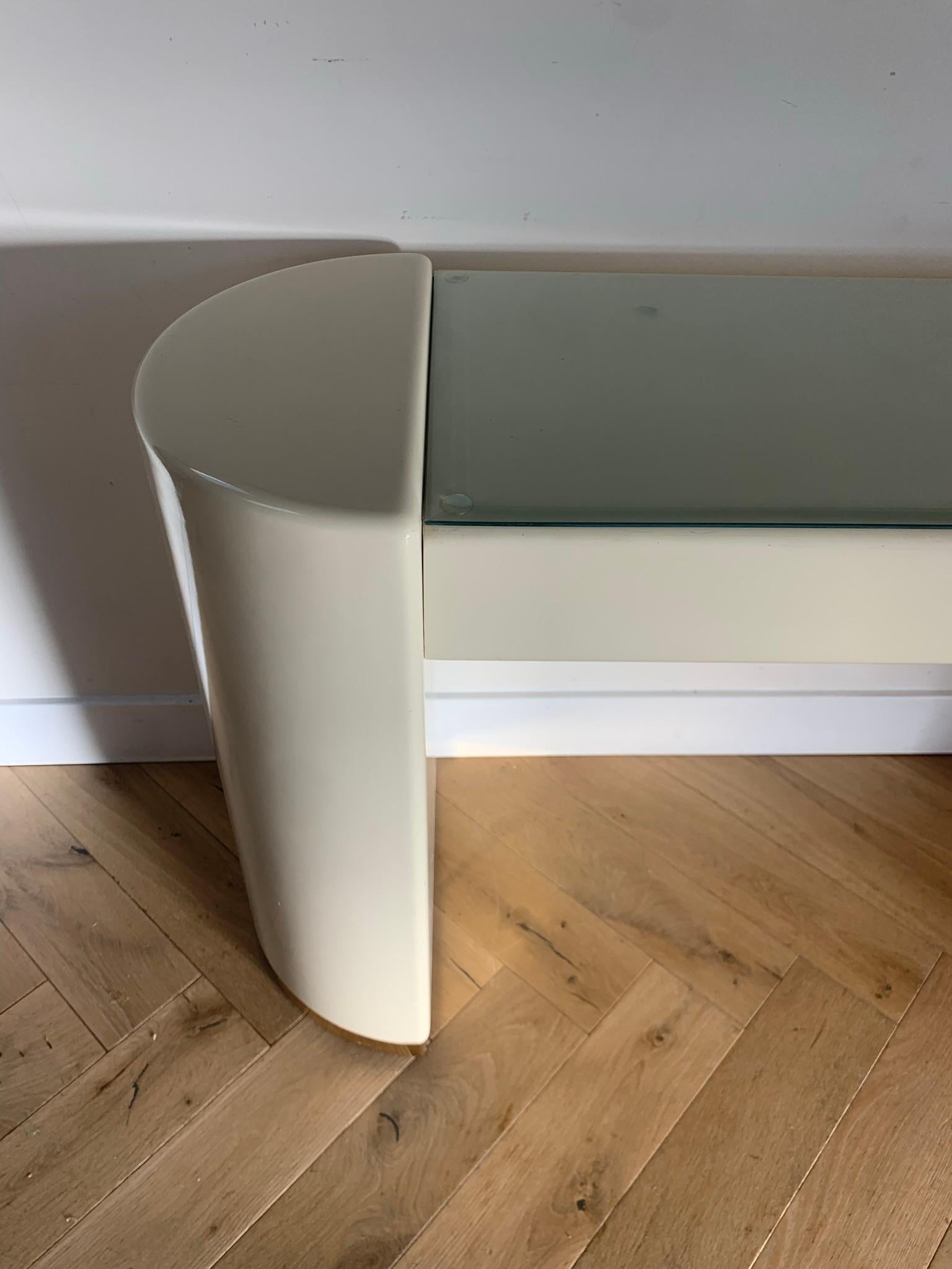 Karl Springer Style Cream Lacquer Console with Gold and Glass, Late 70s 7