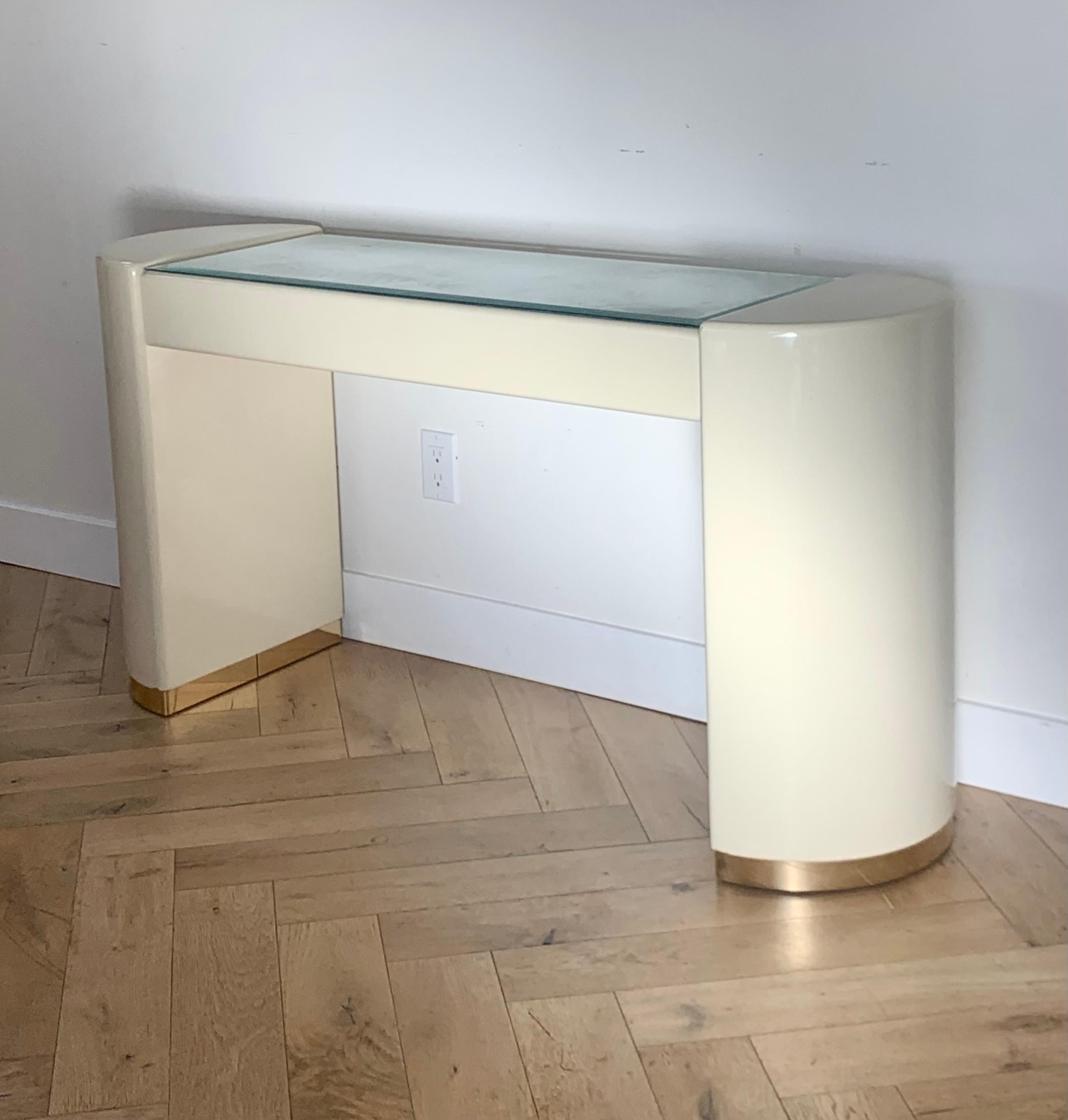 Karl Springer Style Cream Lacquer Console with Gold and Glass, Late 70s 10