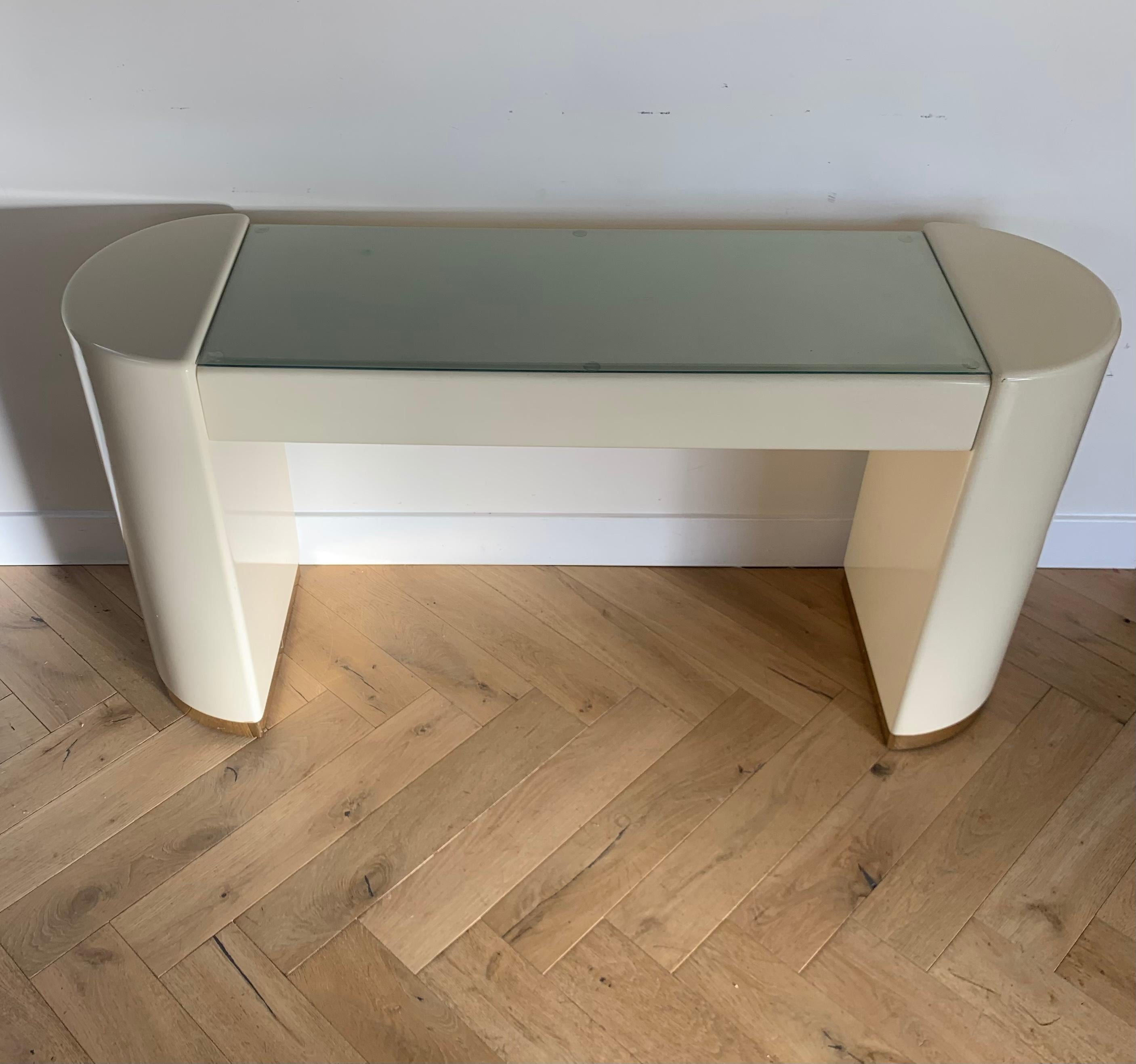Karl Springer Style Cream Lacquer Console with Gold and Glass, Late 70s 11