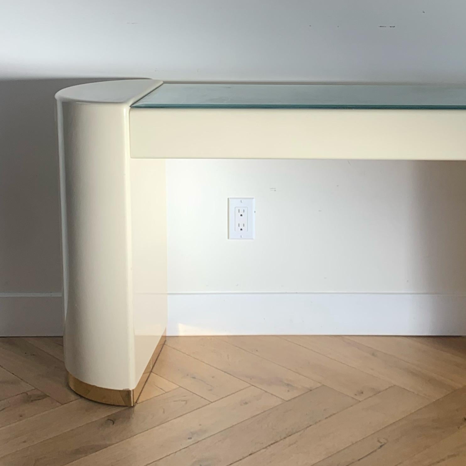 Karl Springer Style Cream Lacquer Console with Gold and Glass, Late 70s 12
