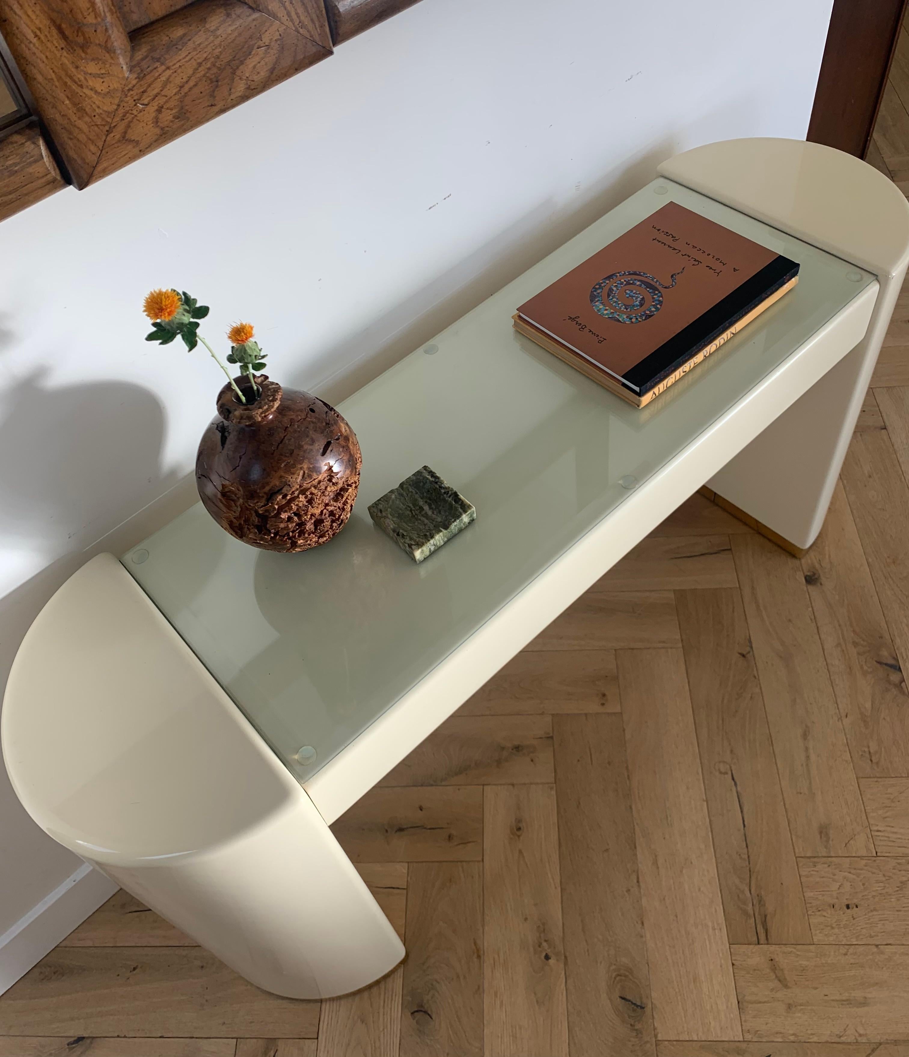 Karl Springer Style Cream Lacquer Console with Gold and Glass, Late 70s 13