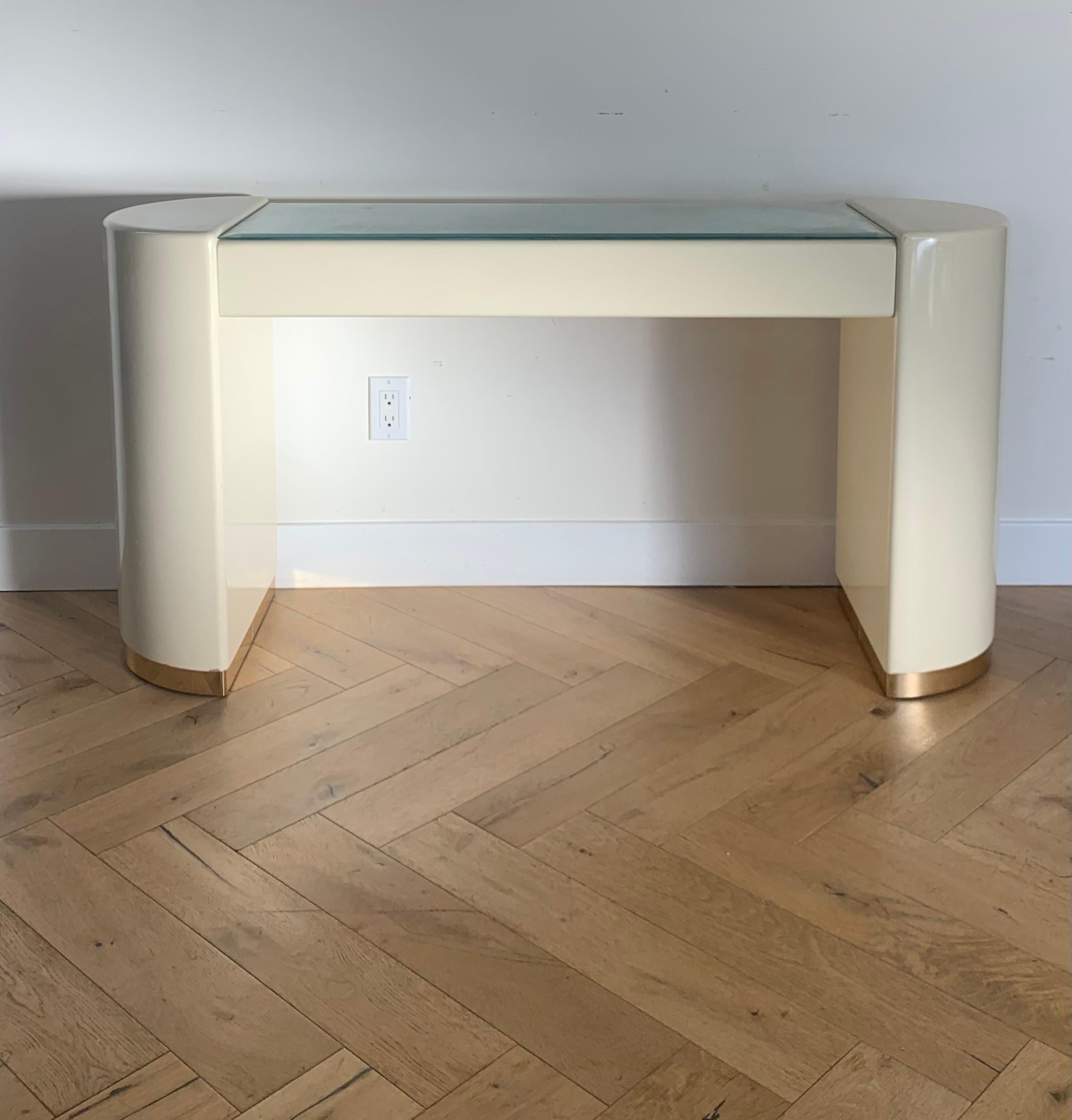 Post-Modern Karl Springer Style Cream Lacquer Console with Gold and Glass, Late 70s