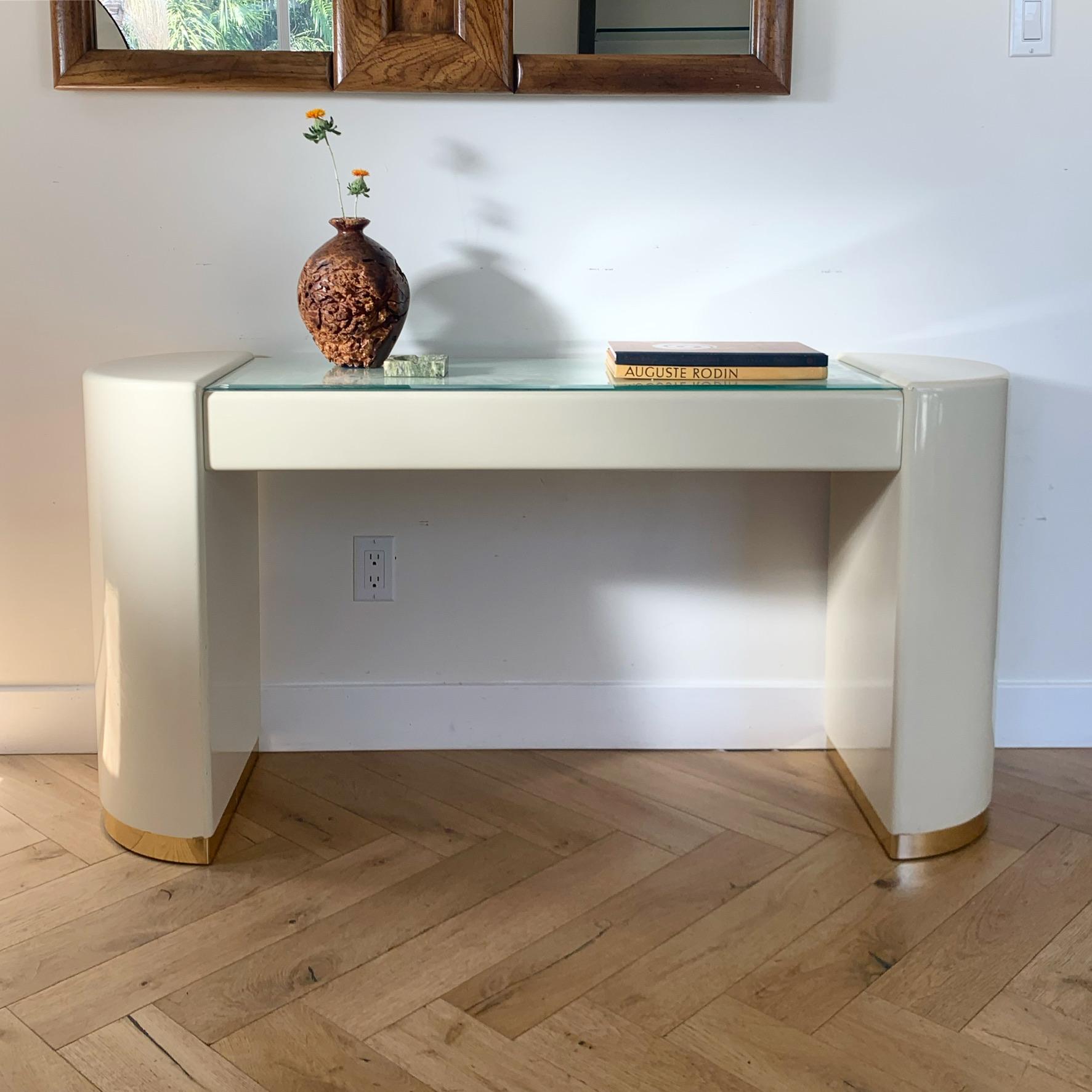 Late 20th Century Karl Springer Style Cream Lacquer Console with Gold and Glass, Late 70s