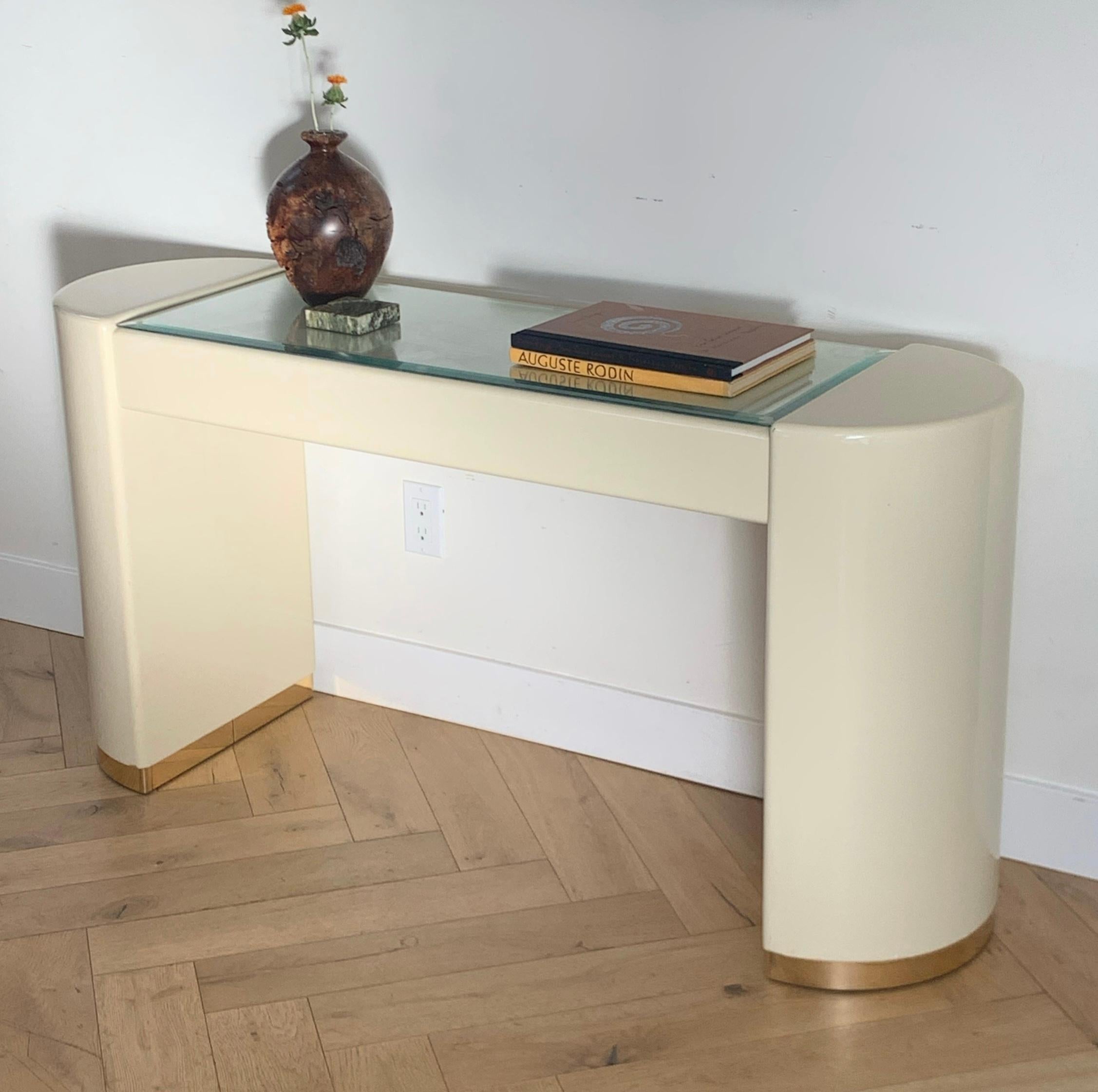 Karl Springer Style Cream Lacquer Console with Gold and Glass, Late 70s 1