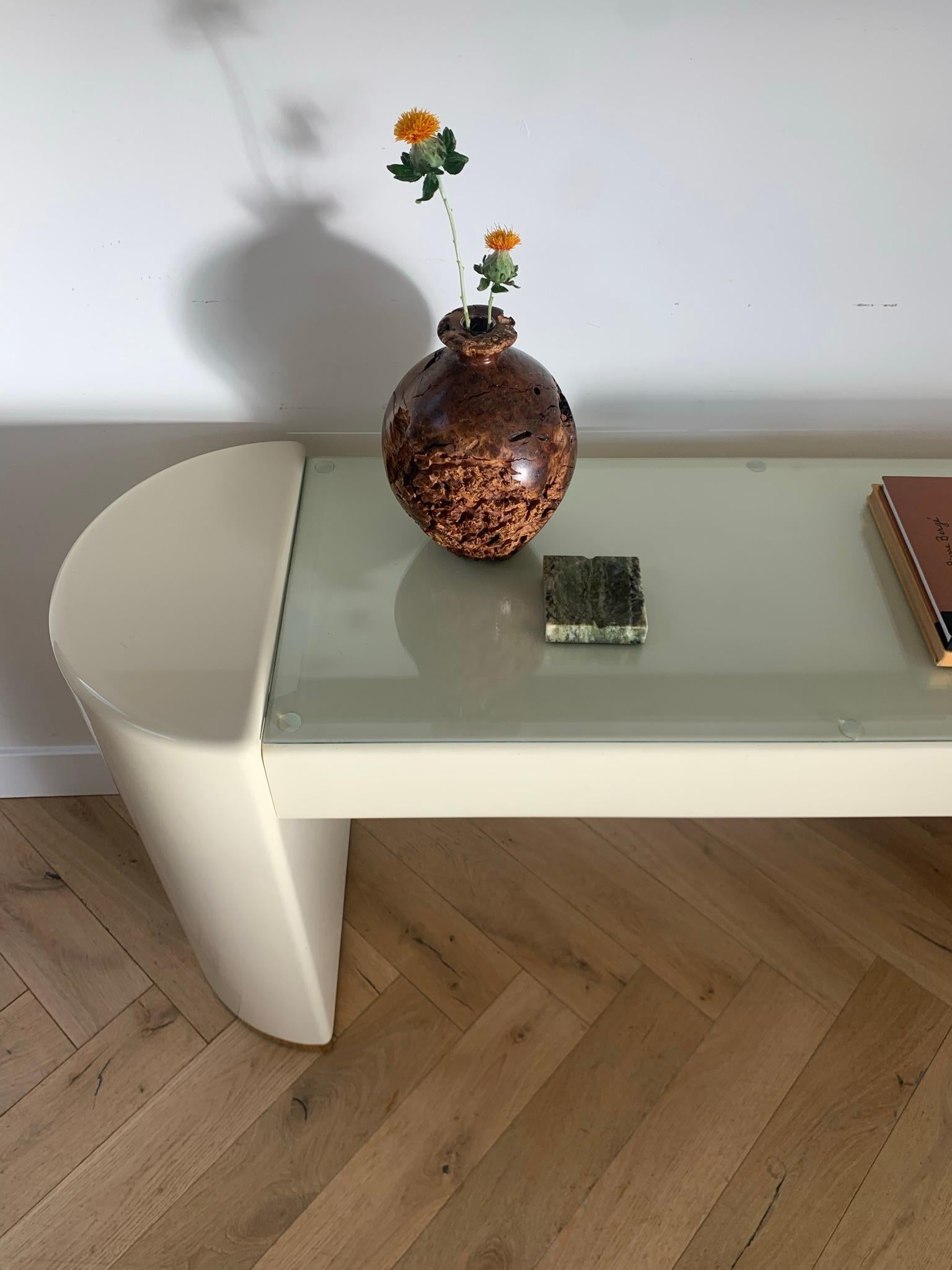 Karl Springer Style Cream Lacquer Console with Gold and Glass, Late 70s 3