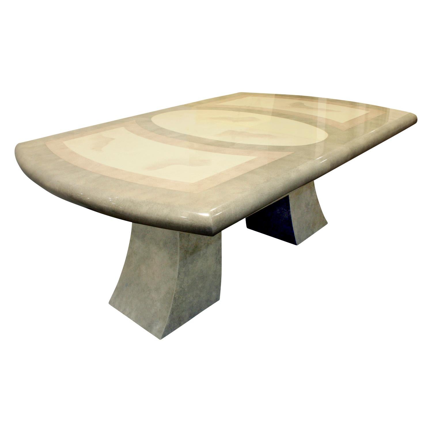Karl Springer Style Extension Dining Table with Artisan Faux Goatskin, 1980s For Sale