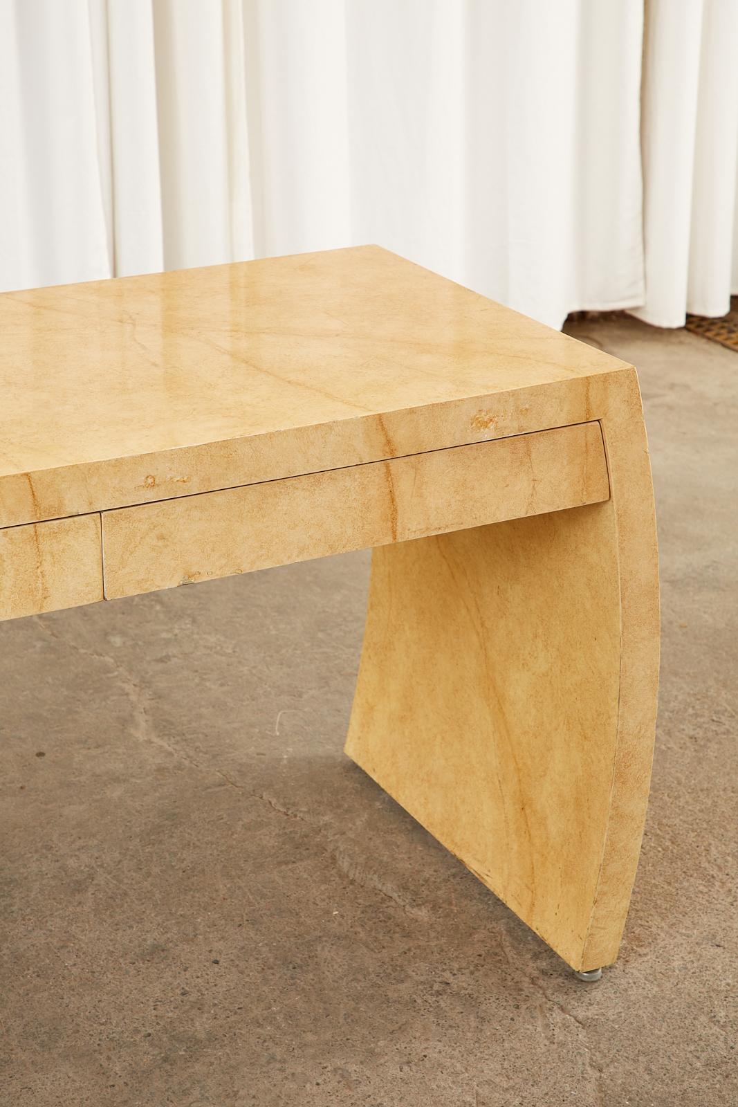 Wood Karl Springer Style Faux Goatskin Waterfall Desk