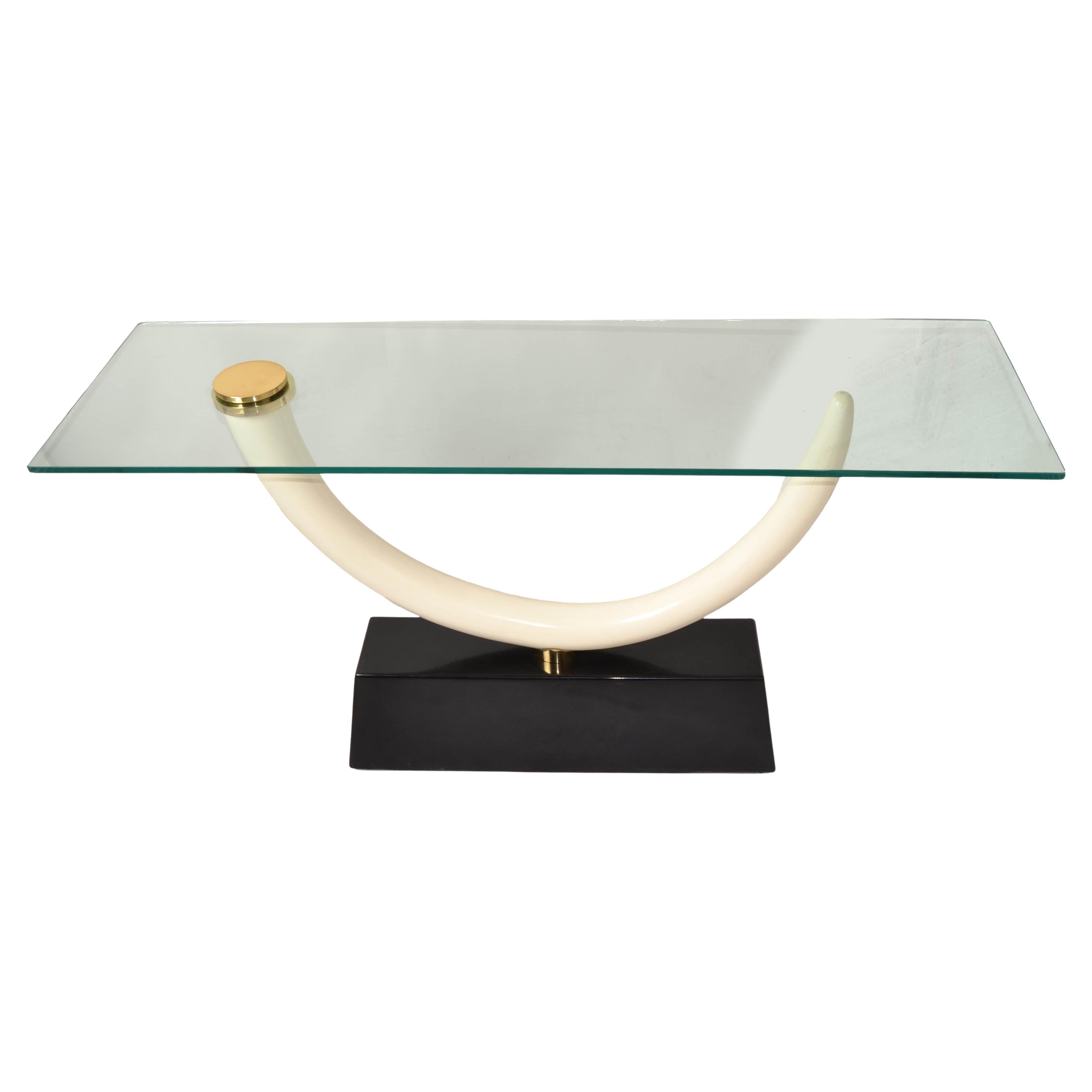 Mesa Consola de Cristal con Disco de Latón Estilo Karl Springer Faux Ivory Tusk Regency 1980 en venta 6