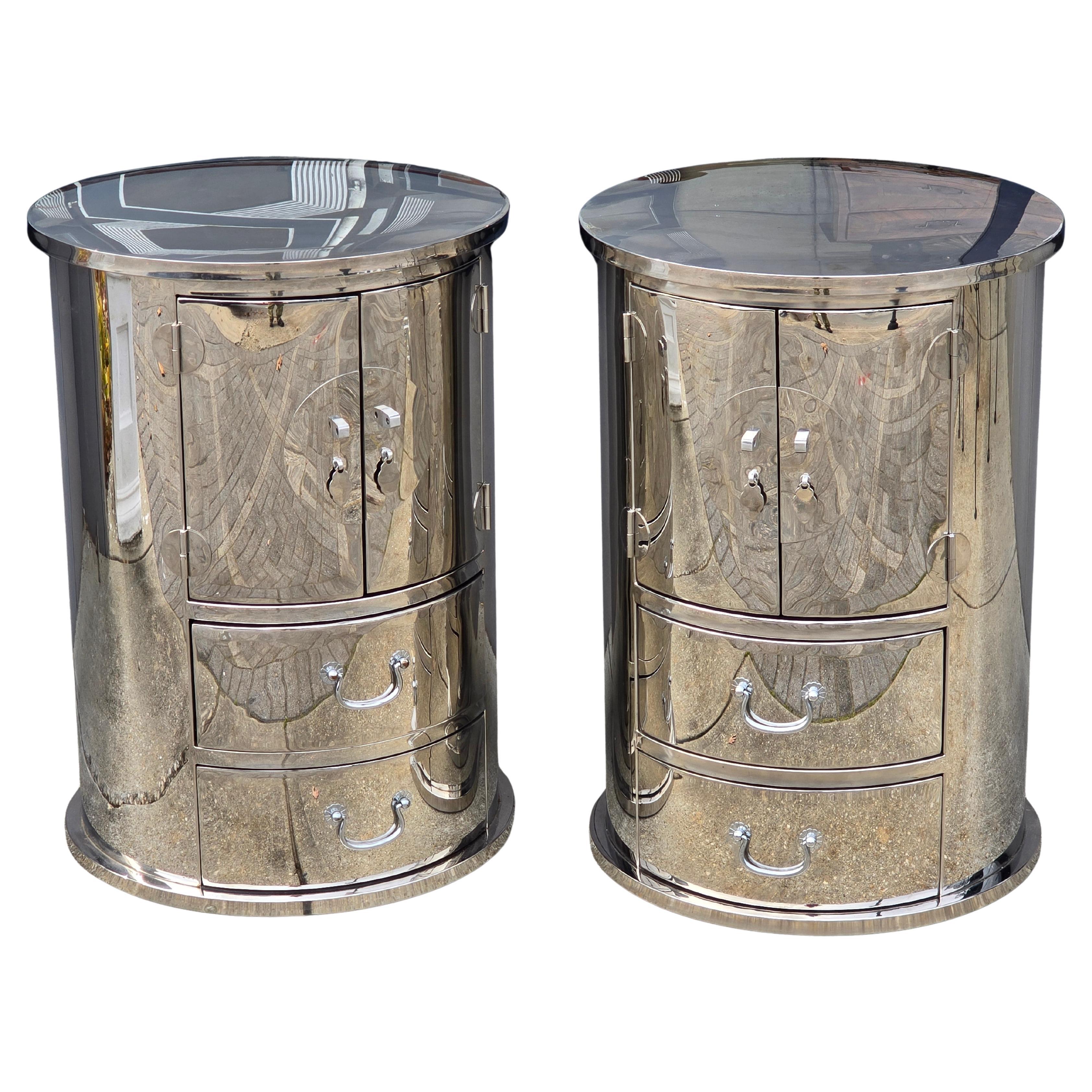 Tables à tambour en acier inoxydable forgé de style Karl Springer en vente