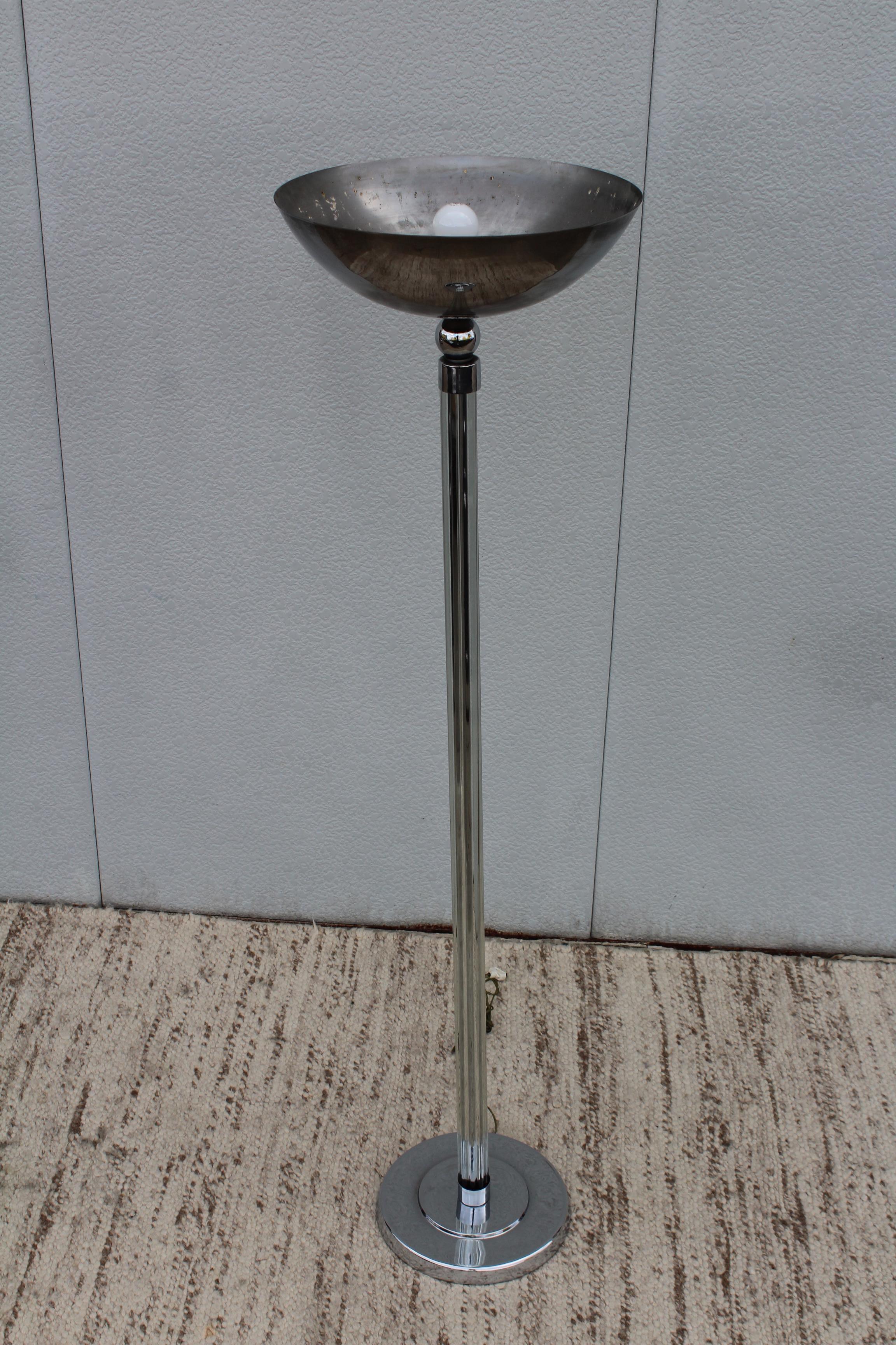 1970s Karl Springer style chrome with glass rods floor lamp. In vintage original condition with some wear and patina.