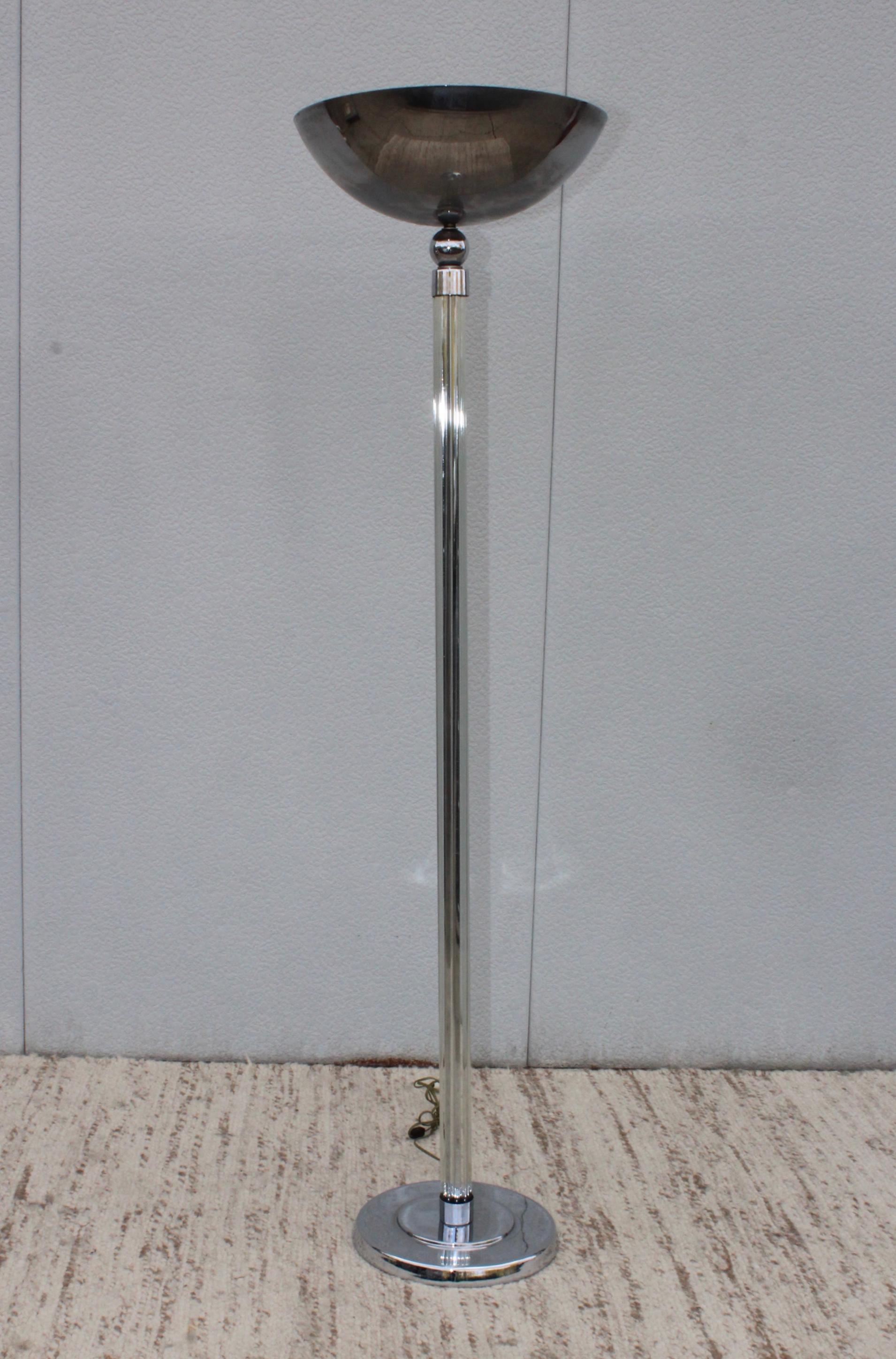 Art Deco Karl Springer Style Glass and Chrome Torchiere Floor Lamp