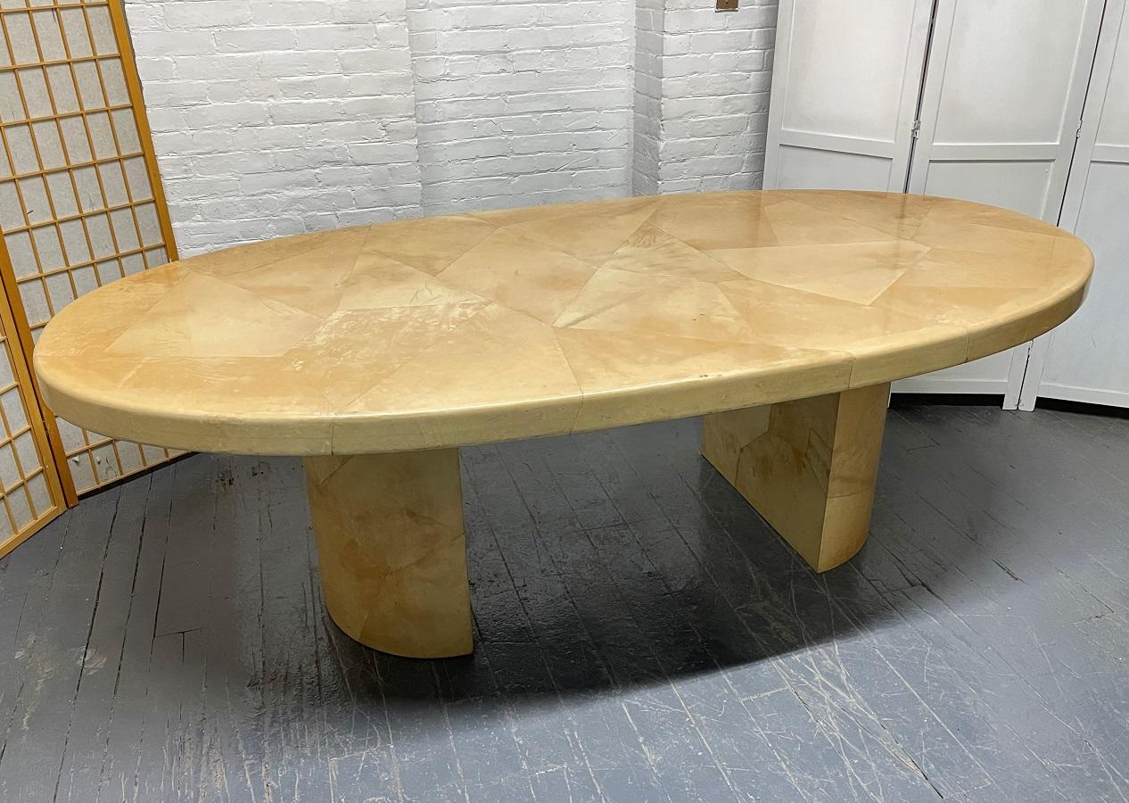 Large lacquered clad goatskin dining table style of Karl Springer.