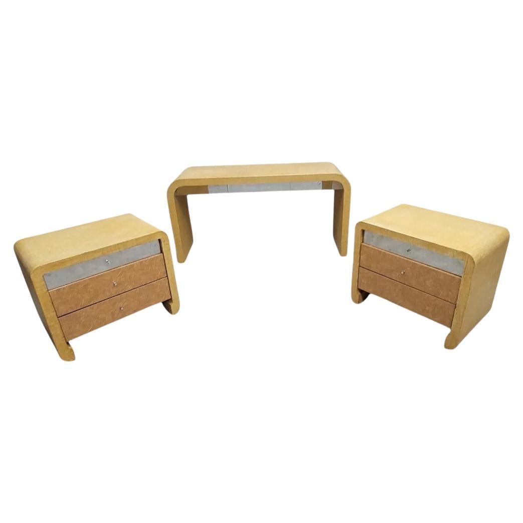 Karl Springer Style Grasscloth Console and  Pair Side Tables for Ernest C. Masi For Sale