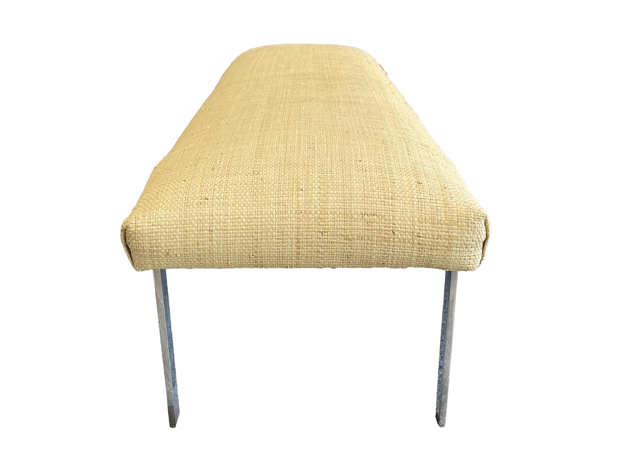 20th Century Karl Springer Style Grasscloth-Upholstered Chrome Bench For Sale