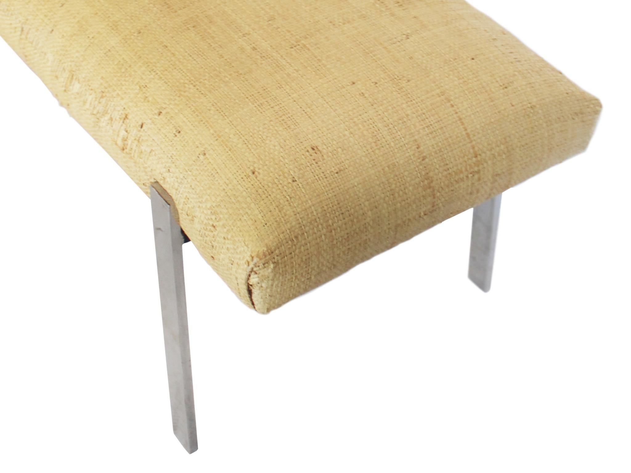 Karl Springer Style Grasscloth-Upholstered Chrome Bench For Sale 1