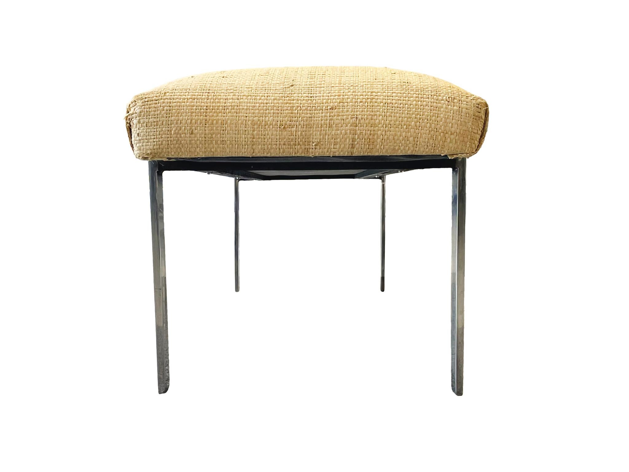 Karl Springer Style Grasscloth-Upholstered Chrome Bench For Sale 2