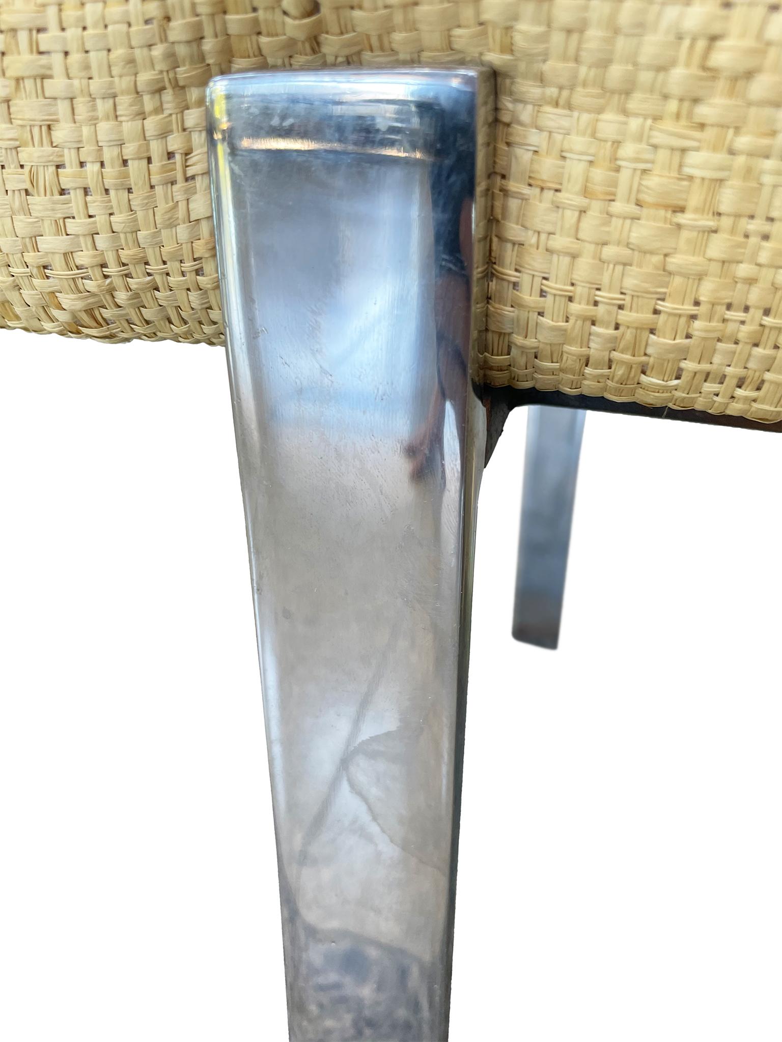Karl Springer Style Grasscloth-Upholstered Chrome Bench For Sale 3