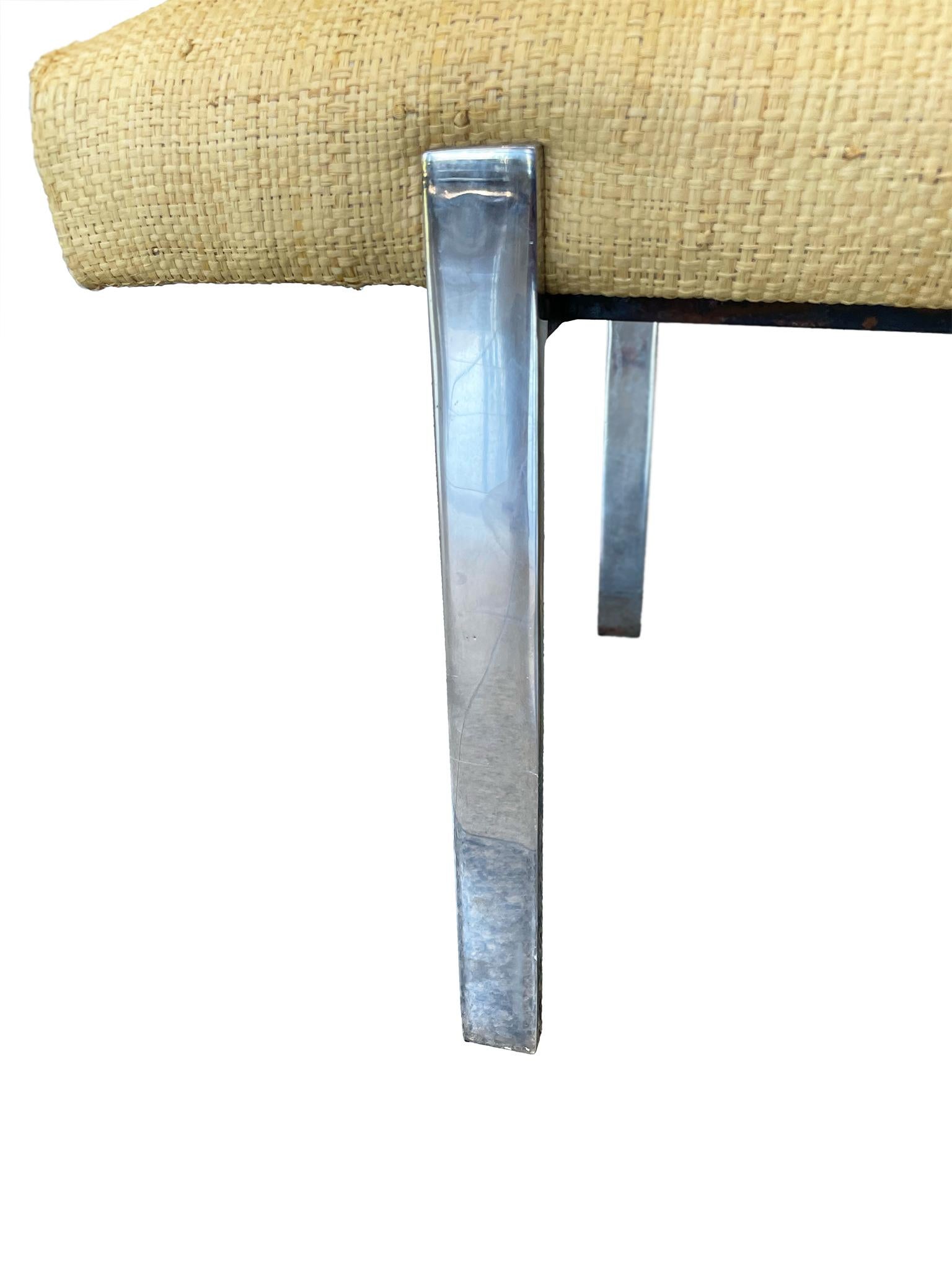 Karl Springer Style Grasscloth-Upholstered Chrome Bench For Sale 4