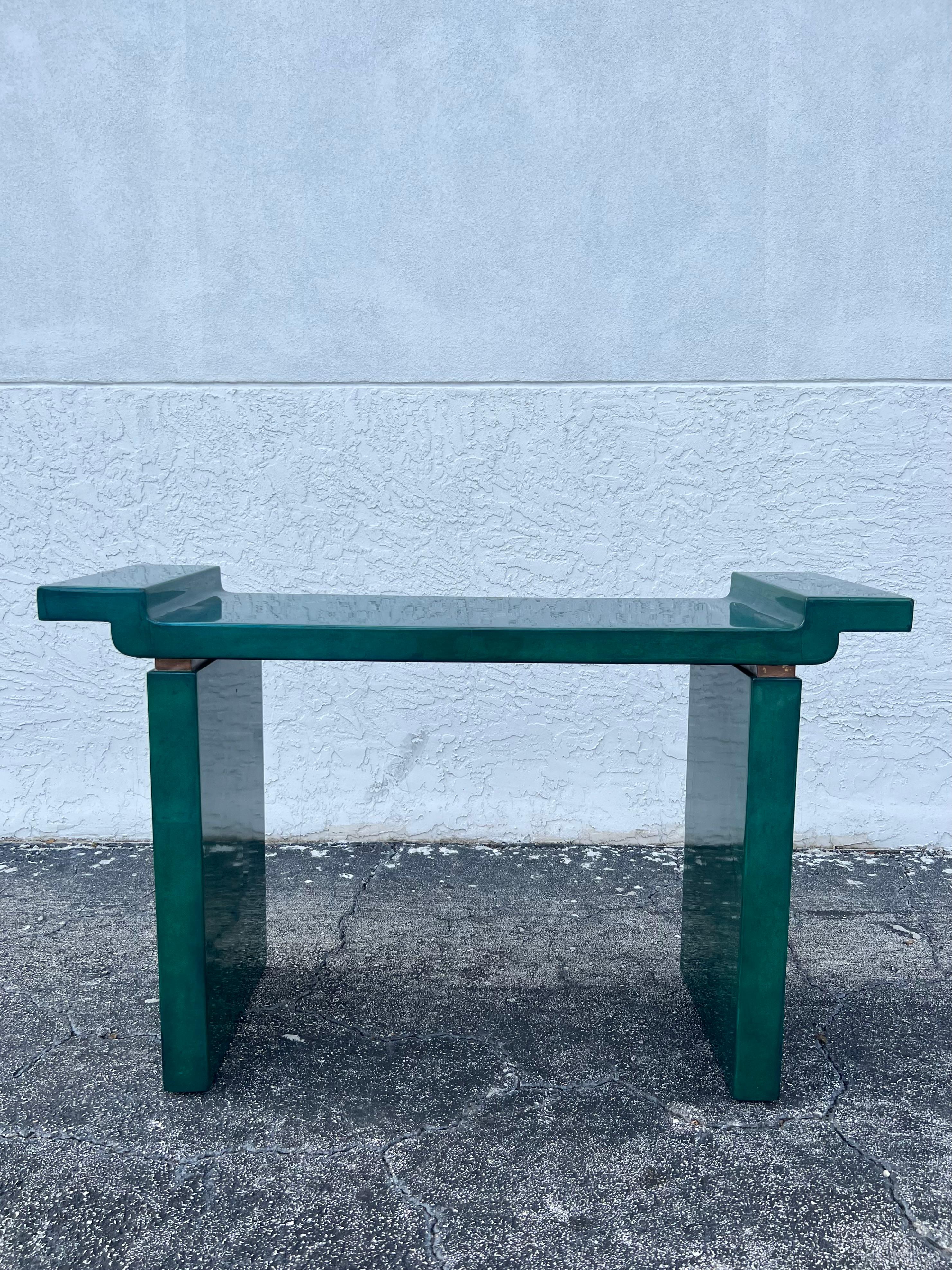 Mid-Century Modern Karl Springer Style Green Lacquered Goatskin Console Table  For Sale