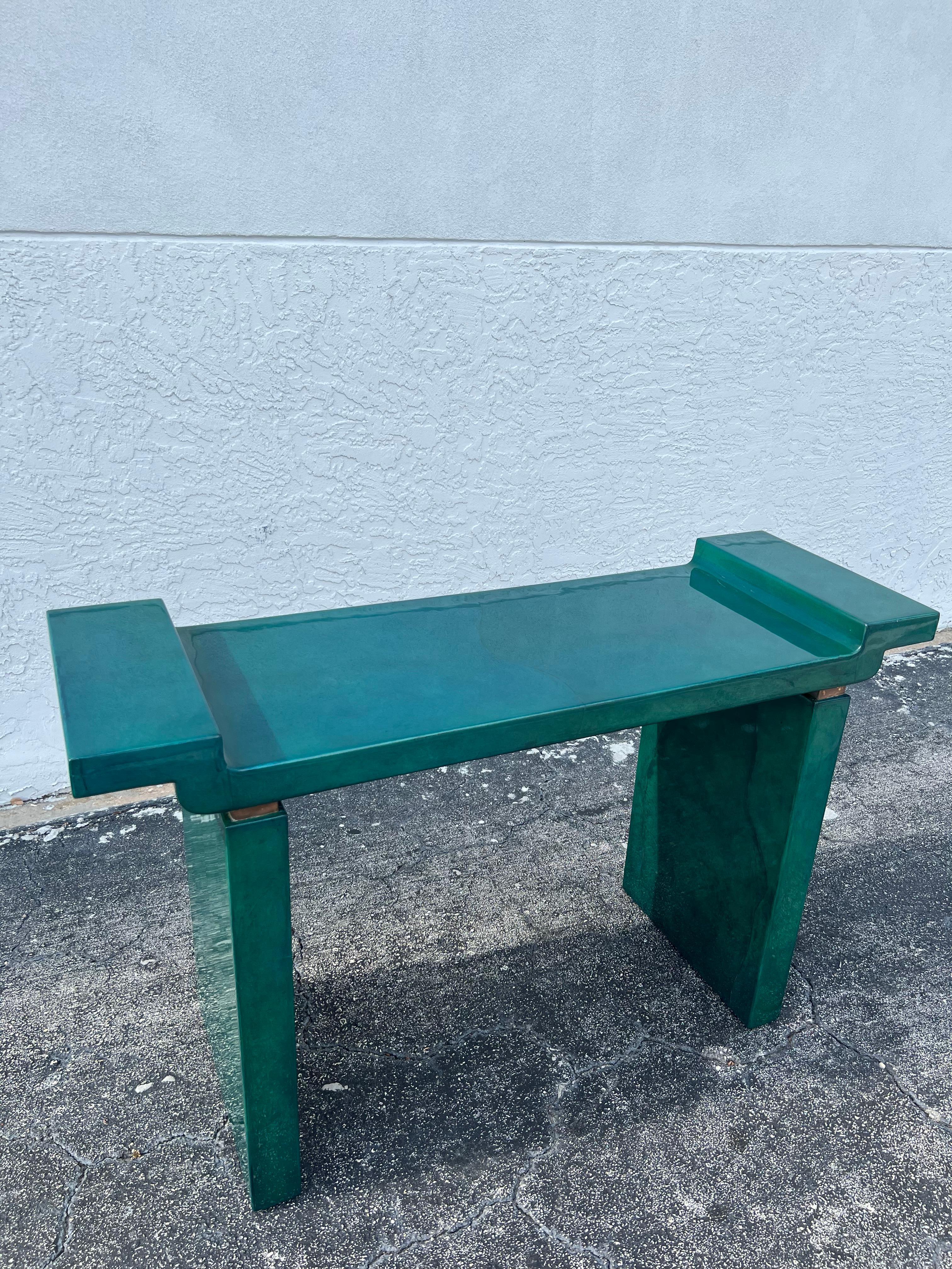 Unknown Karl Springer Style Green Lacquered Goatskin Console Table  For Sale
