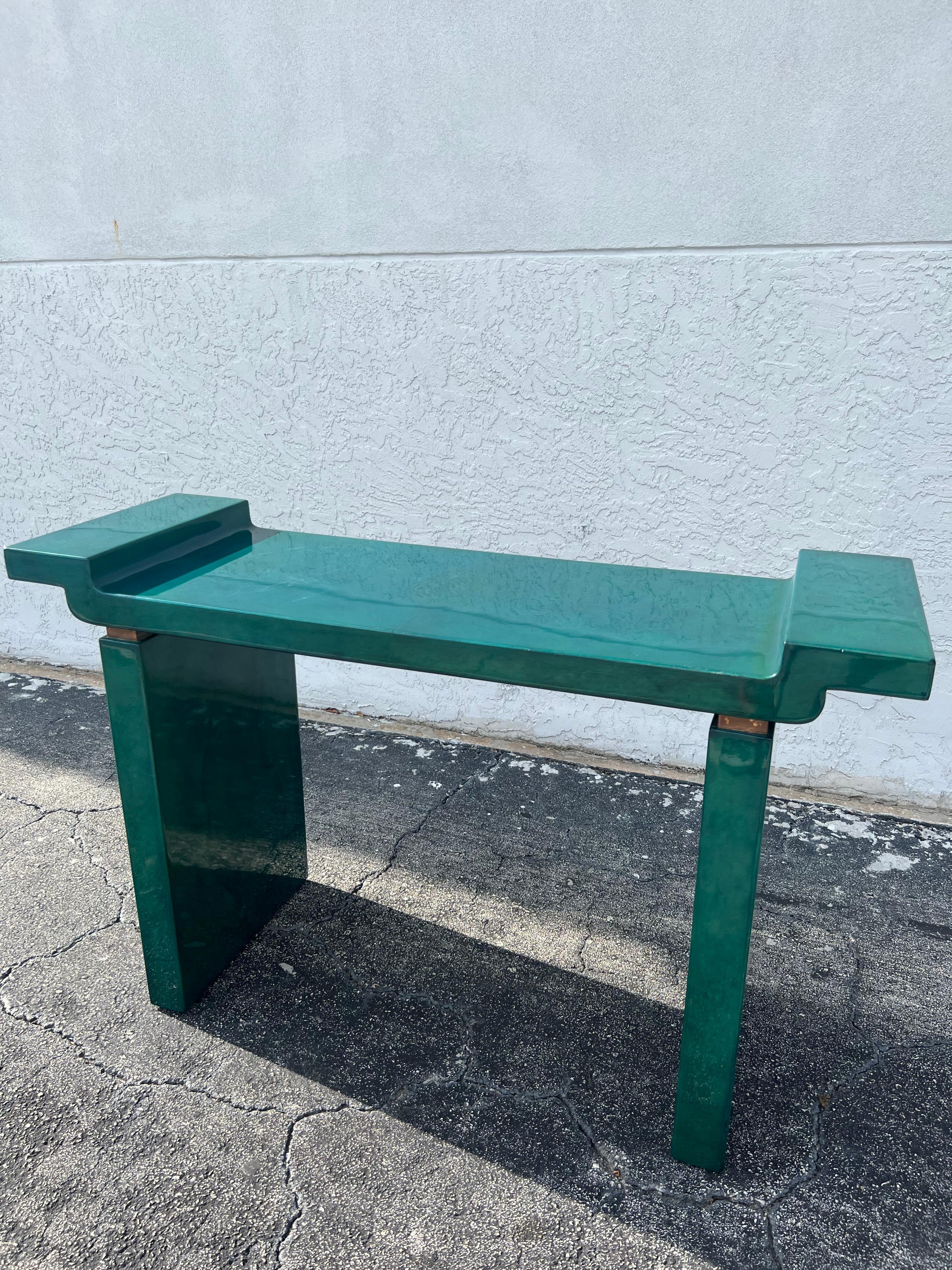 Late 20th Century Karl Springer Style Green Lacquered Goatskin Console Table  For Sale