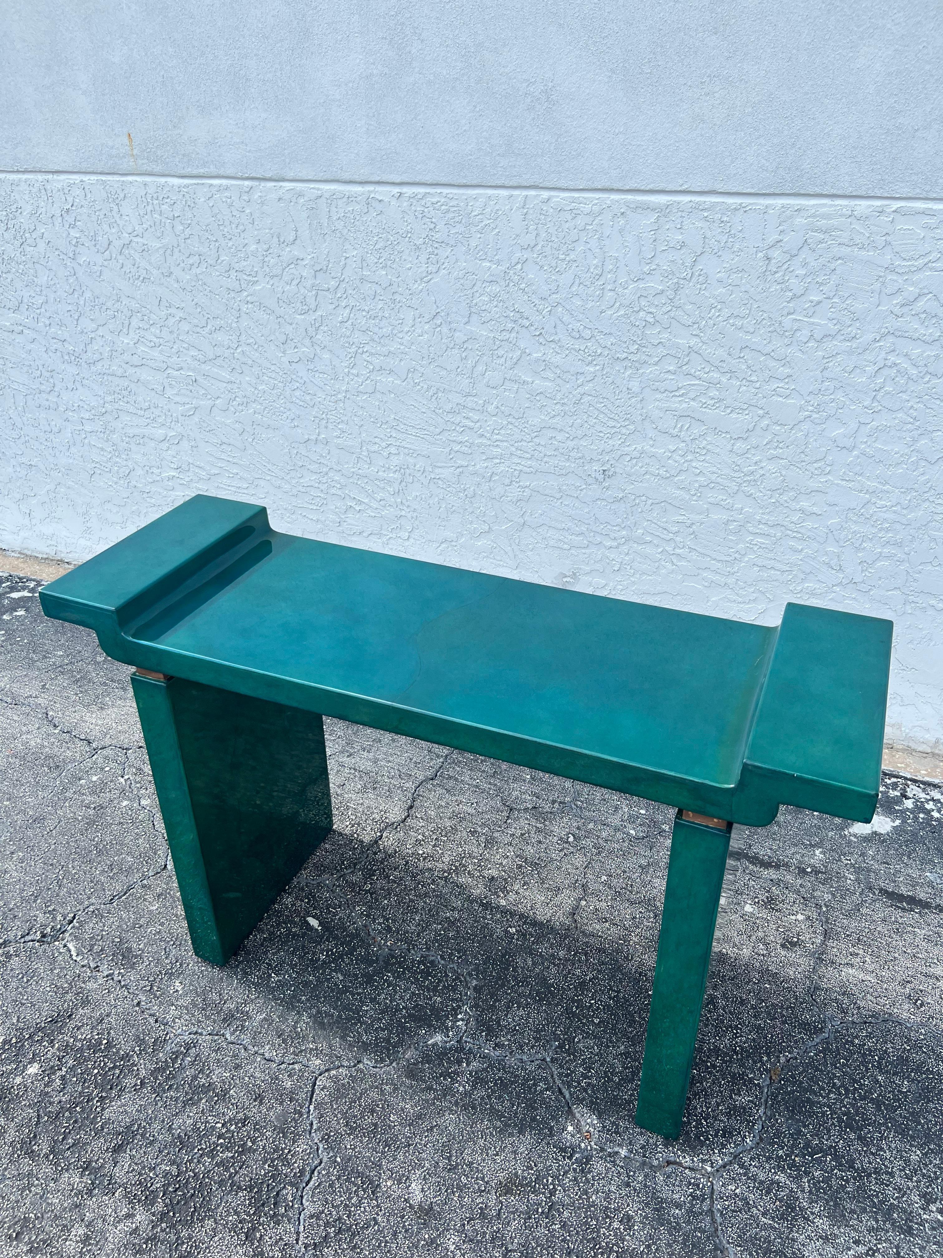 Karl Springer Style Green Lacquered Goatskin Console Table  For Sale 1