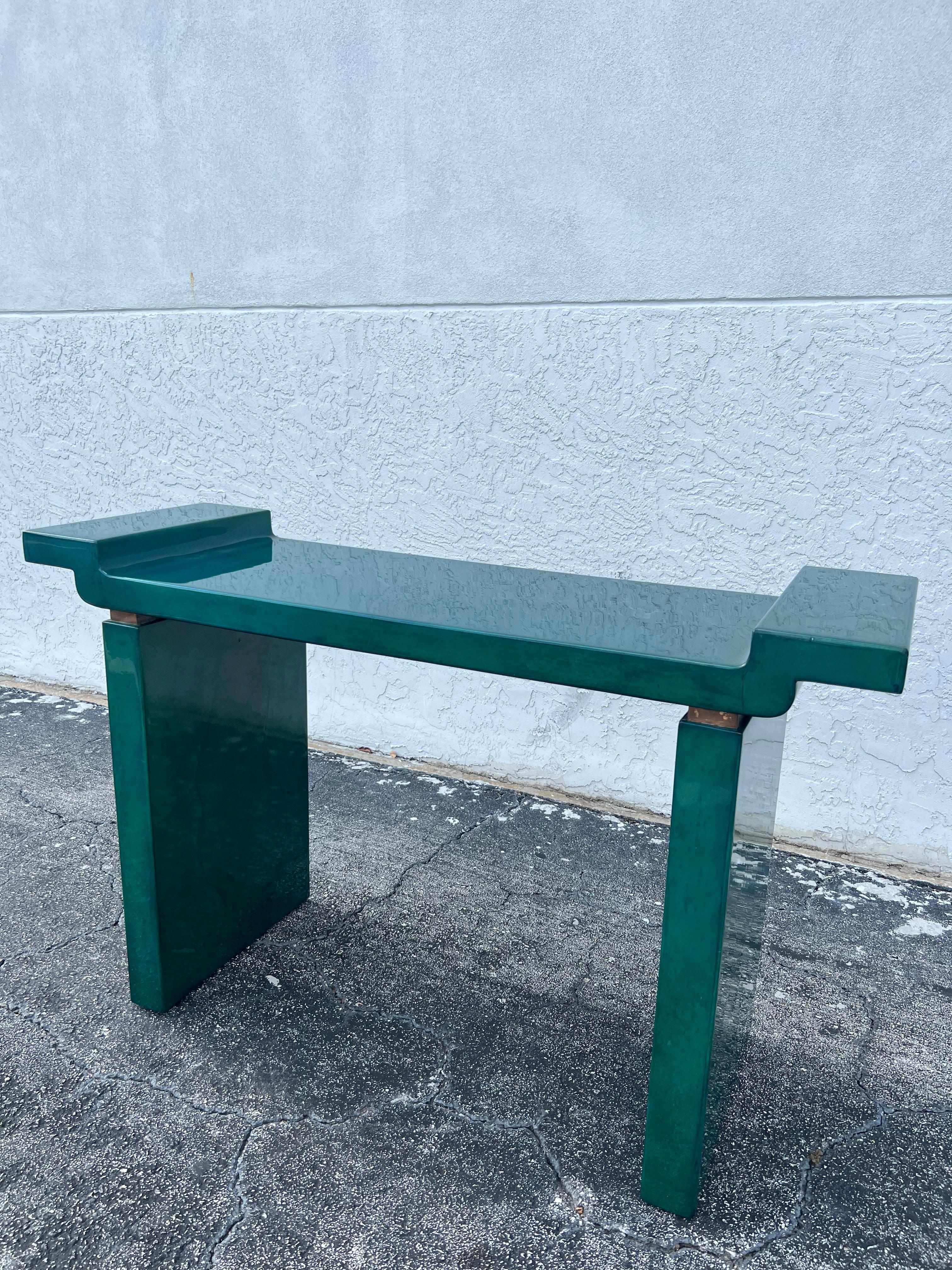 Karl Springer Style Green Lacquered Goatskin Console Table  For Sale 2