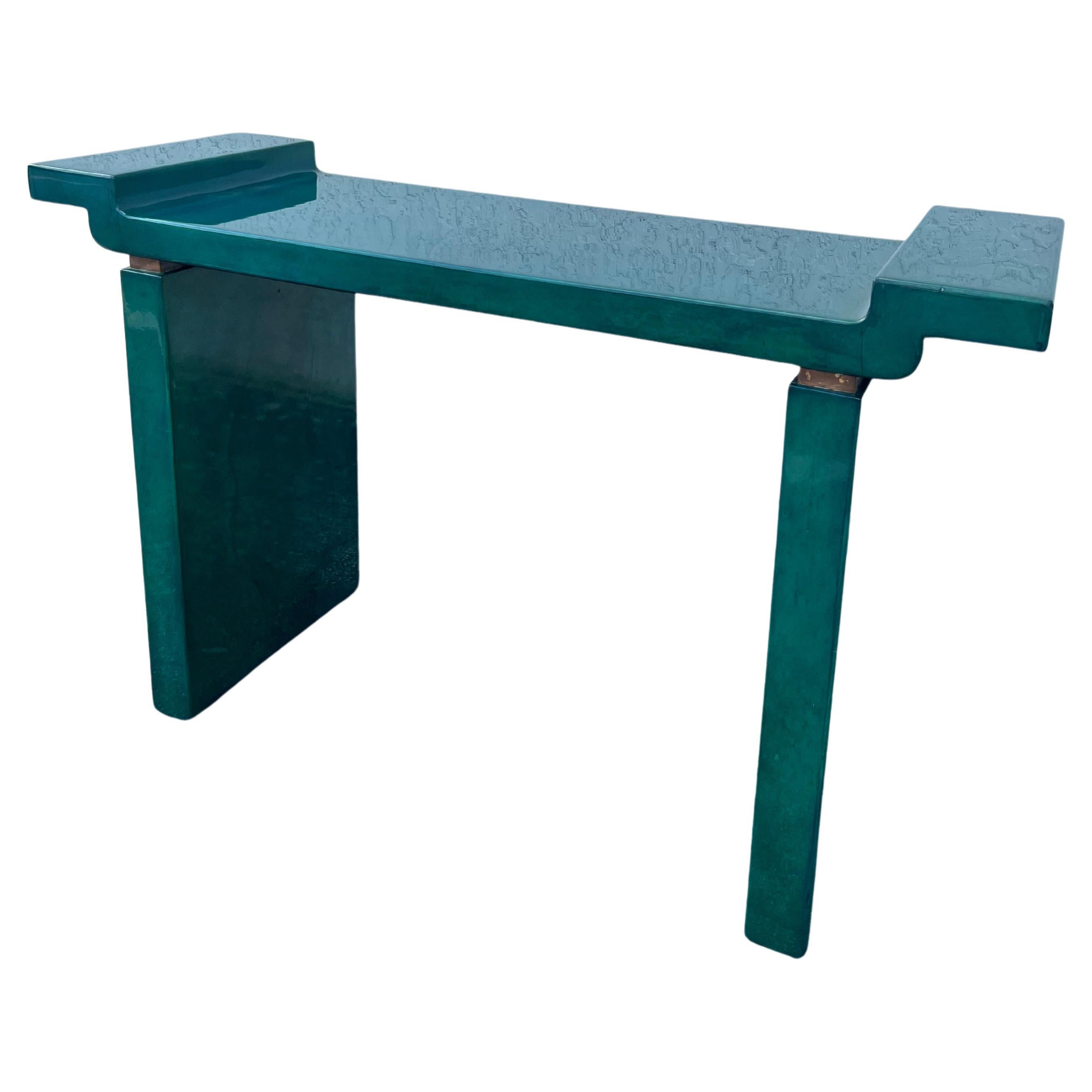 Karl Springer Style Green Lacquered Goatskin Console Table 
