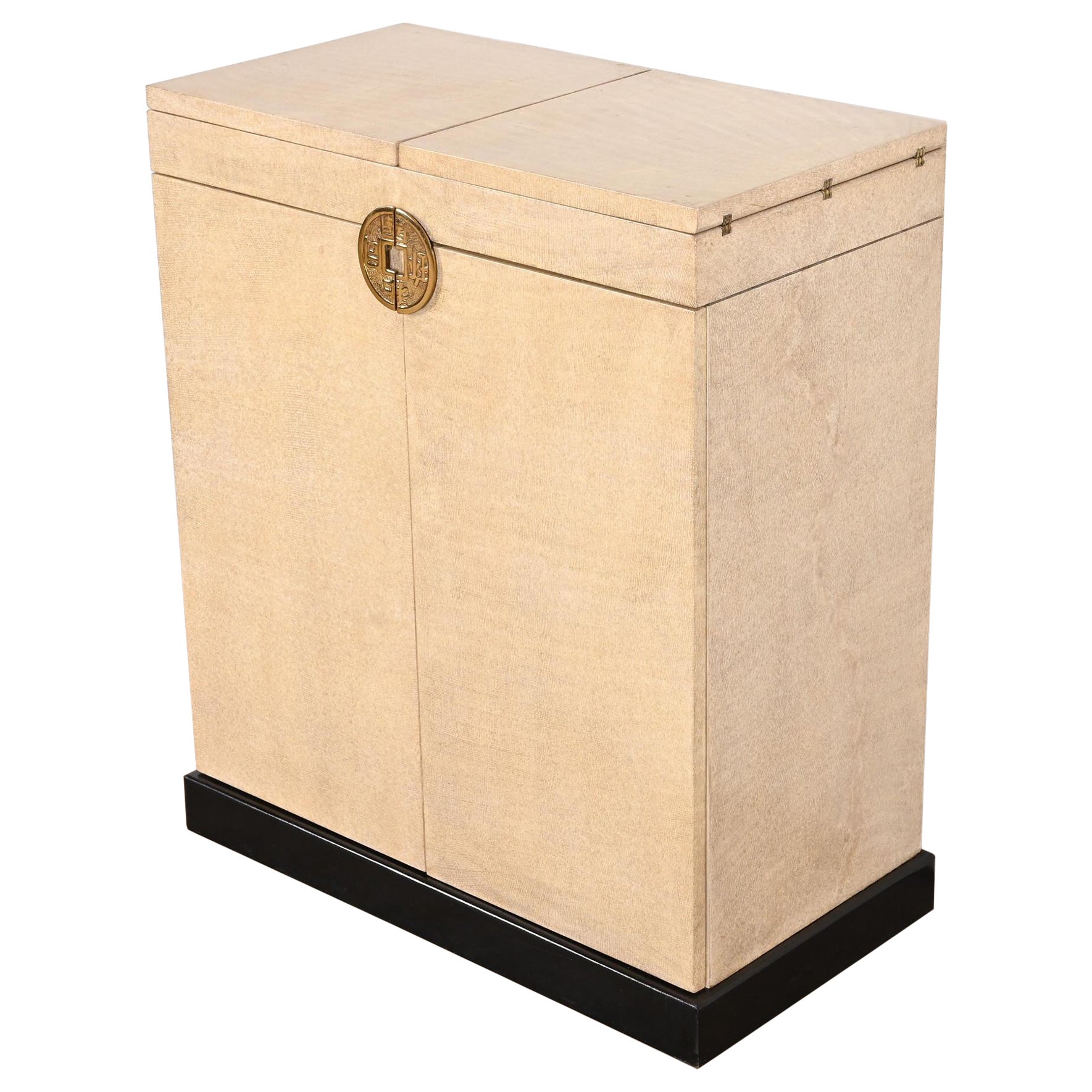 Karl Springer Style Hollywood Regency Faux Snakeskin Fliptop Dry Bar Cabinet