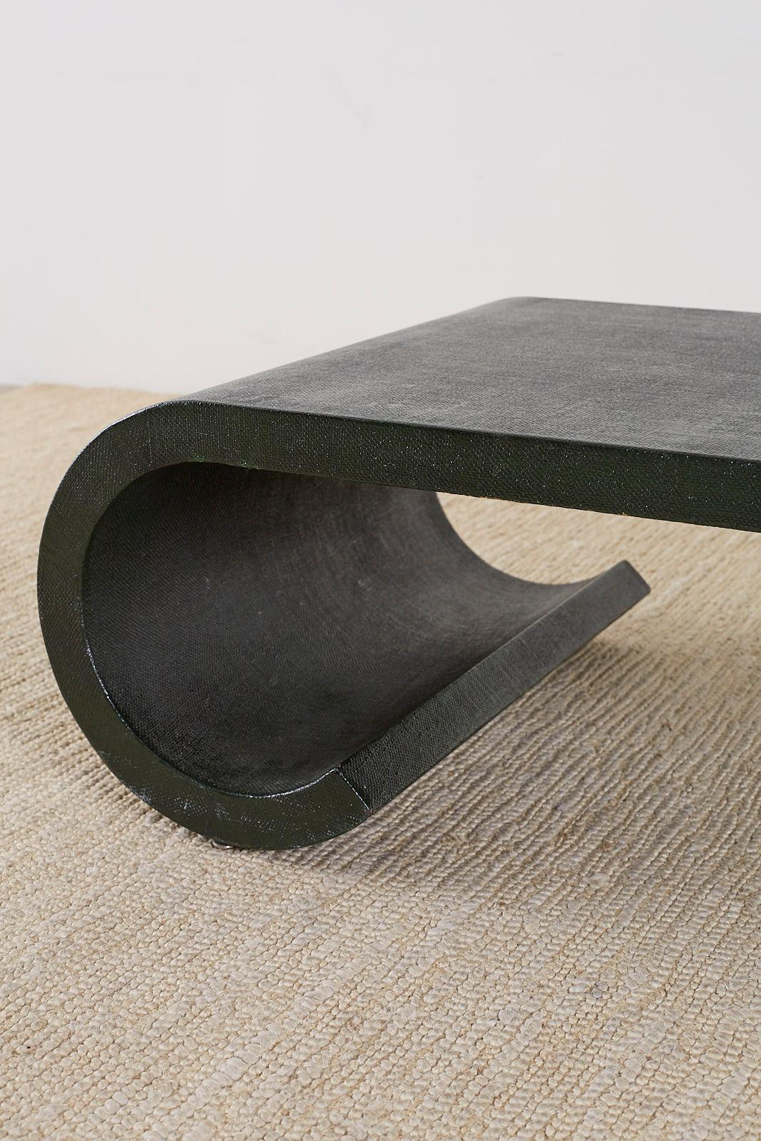 American Karl Springer Style Lacquered Grasscloth Scroll Cocktail Table