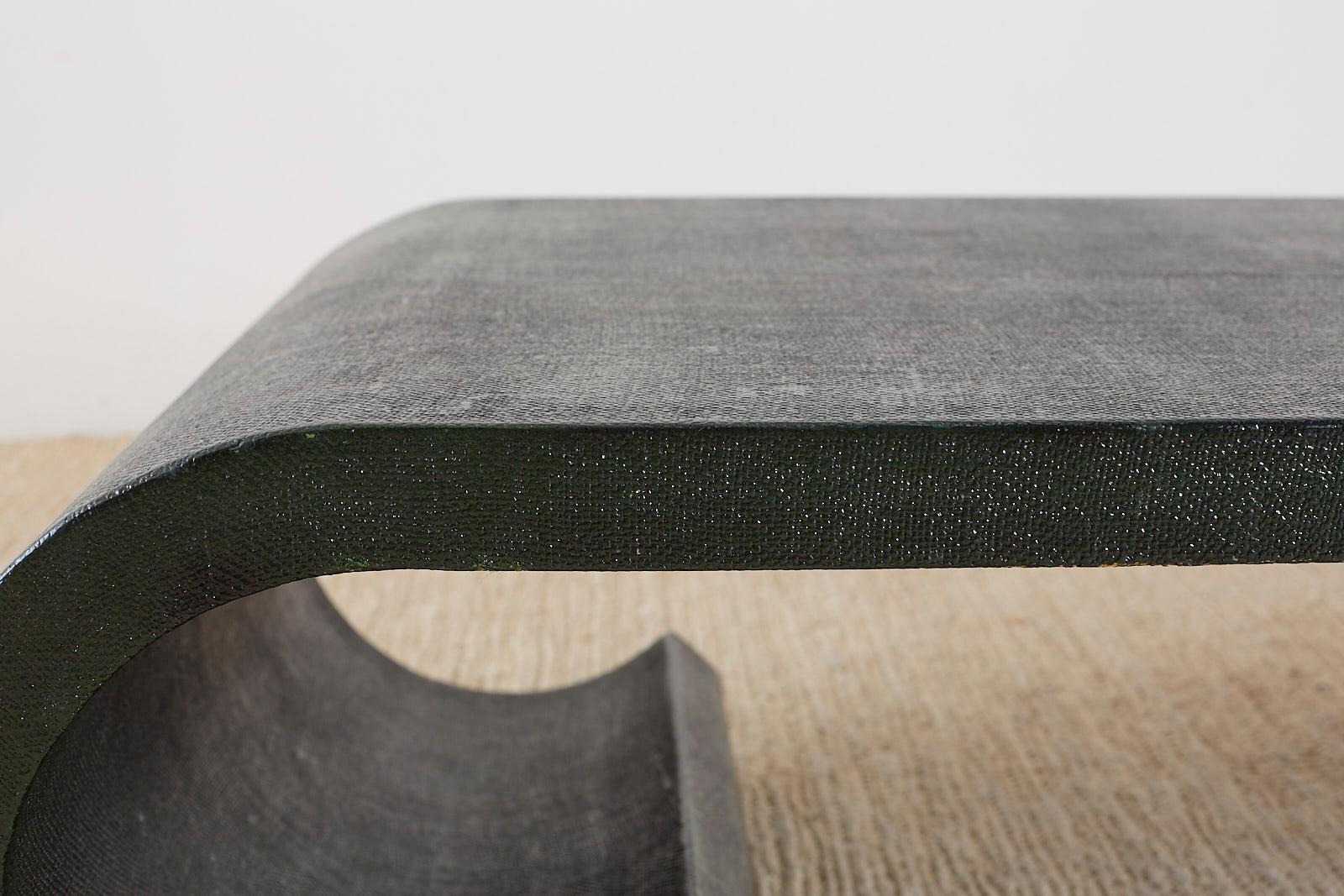 Hand-Crafted Karl Springer Style Lacquered Grasscloth Scroll Cocktail Table