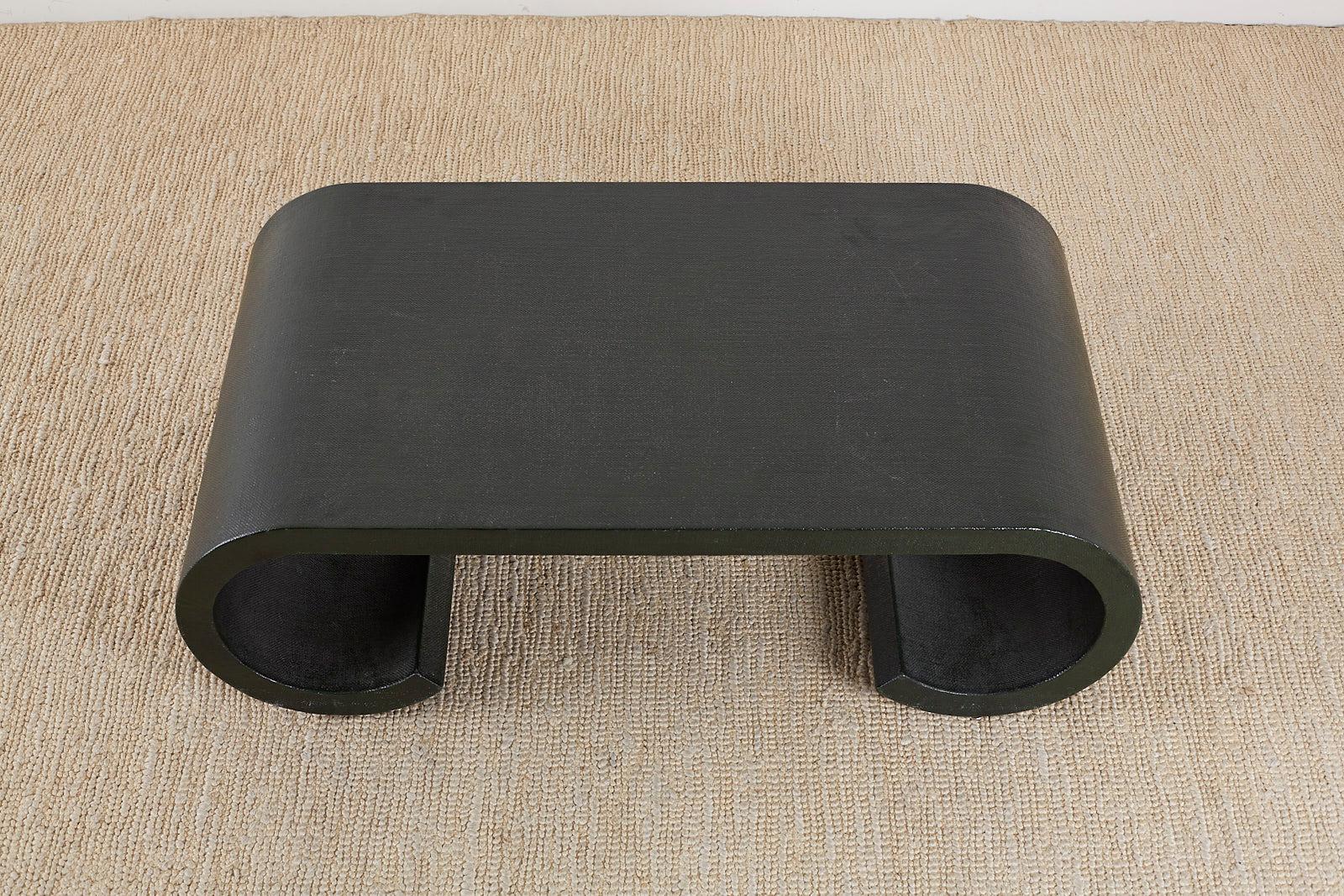 Karl Springer Style Lacquered Grasscloth Scroll Cocktail Table In Good Condition In Rio Vista, CA