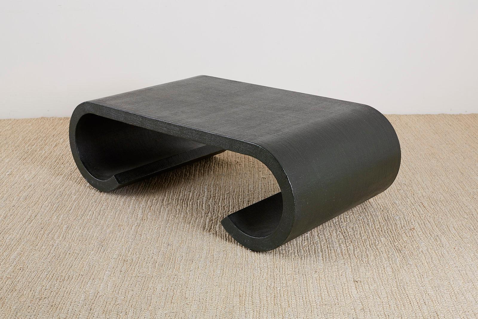 Wood Karl Springer Style Lacquered Grasscloth Scroll Cocktail Table