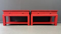 Karl Springer Style Lacquered Red Raffia Side Tables w/ Brass Pulls Mid Century