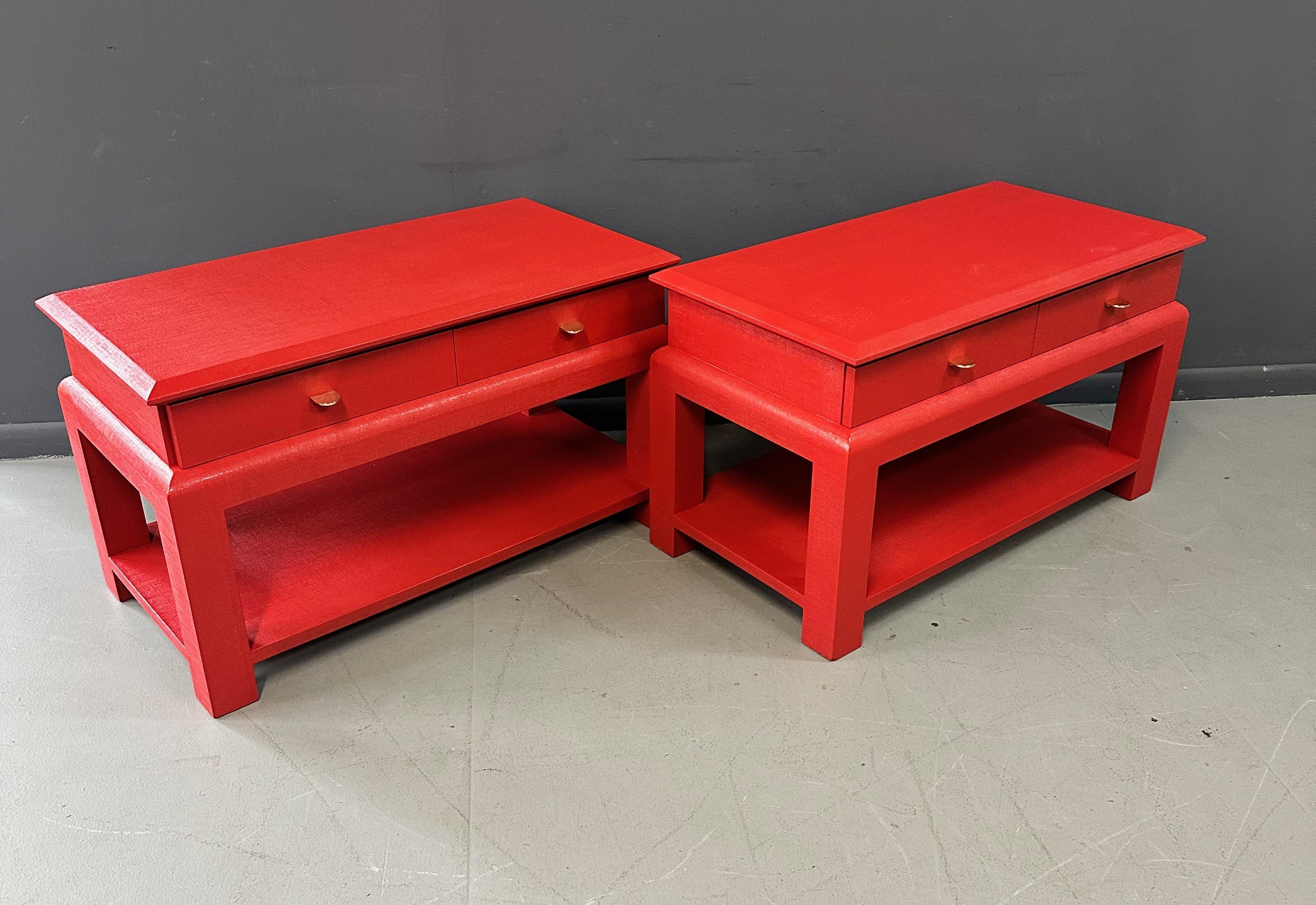 Mid-Century Modern Karl Springer Style Lacquered Red Raffia Side Tables w/ Brass Pulls Mid Century For Sale