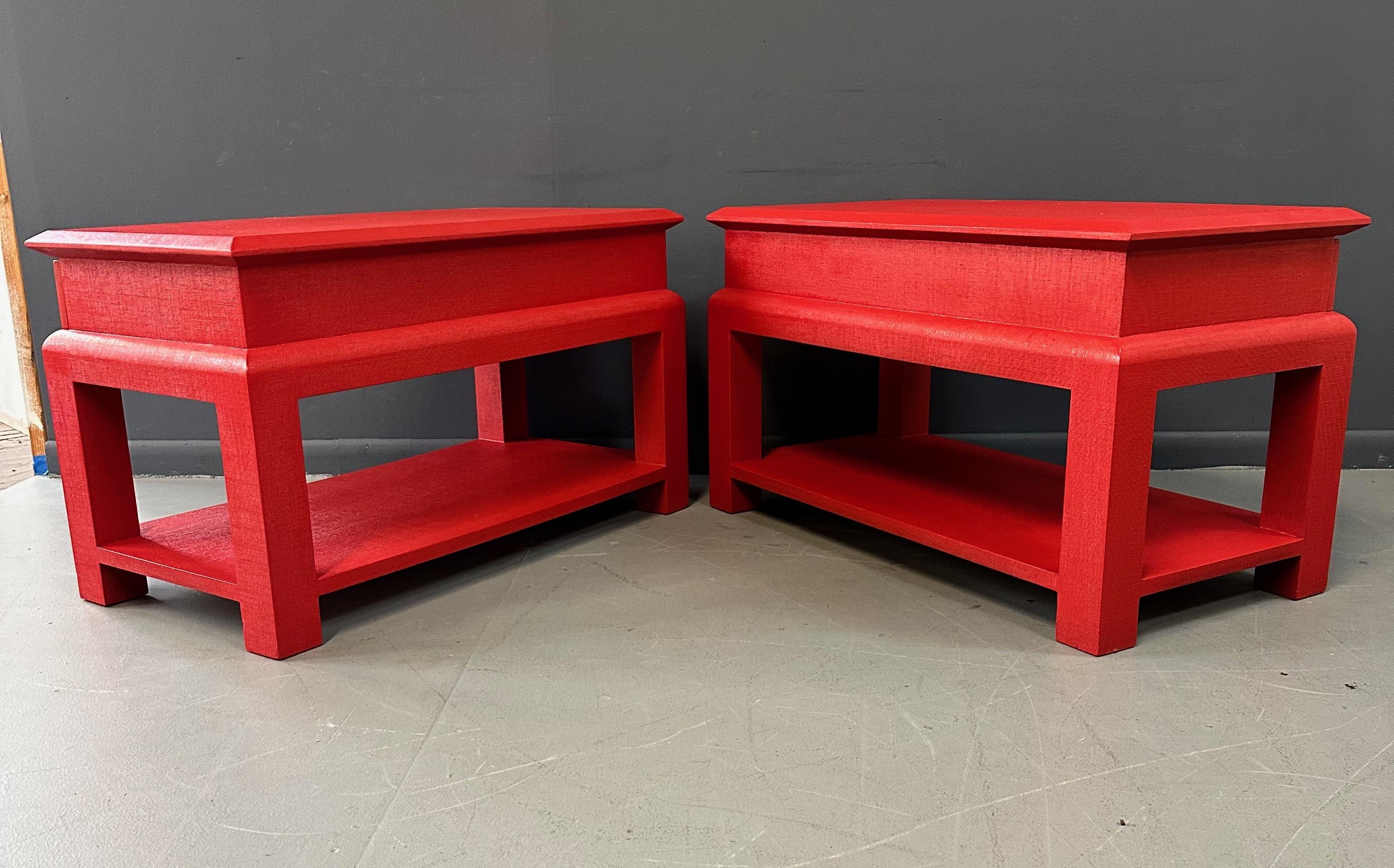 North American Karl Springer Style Lacquered Red Raffia Side Tables w/ Brass Pulls Mid Century For Sale