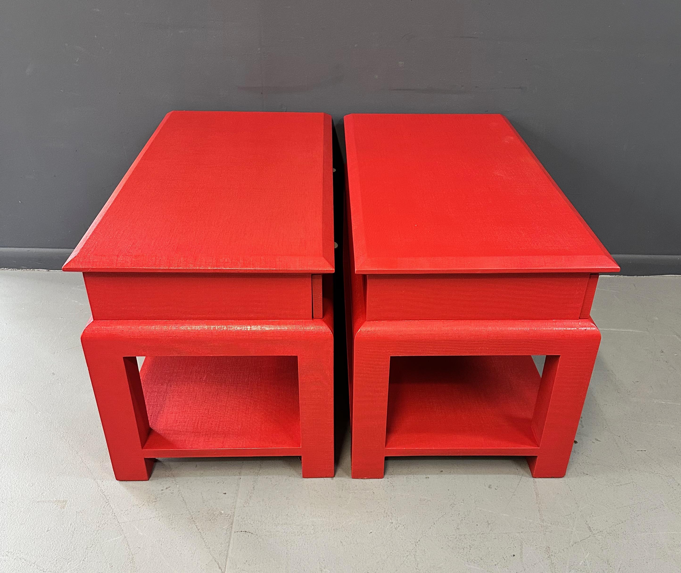 Karl Springer Style Lacquered Red Raffia Side Tables w/ Brass Pulls Mid Century In Good Condition For Sale In Philadelphia, PA