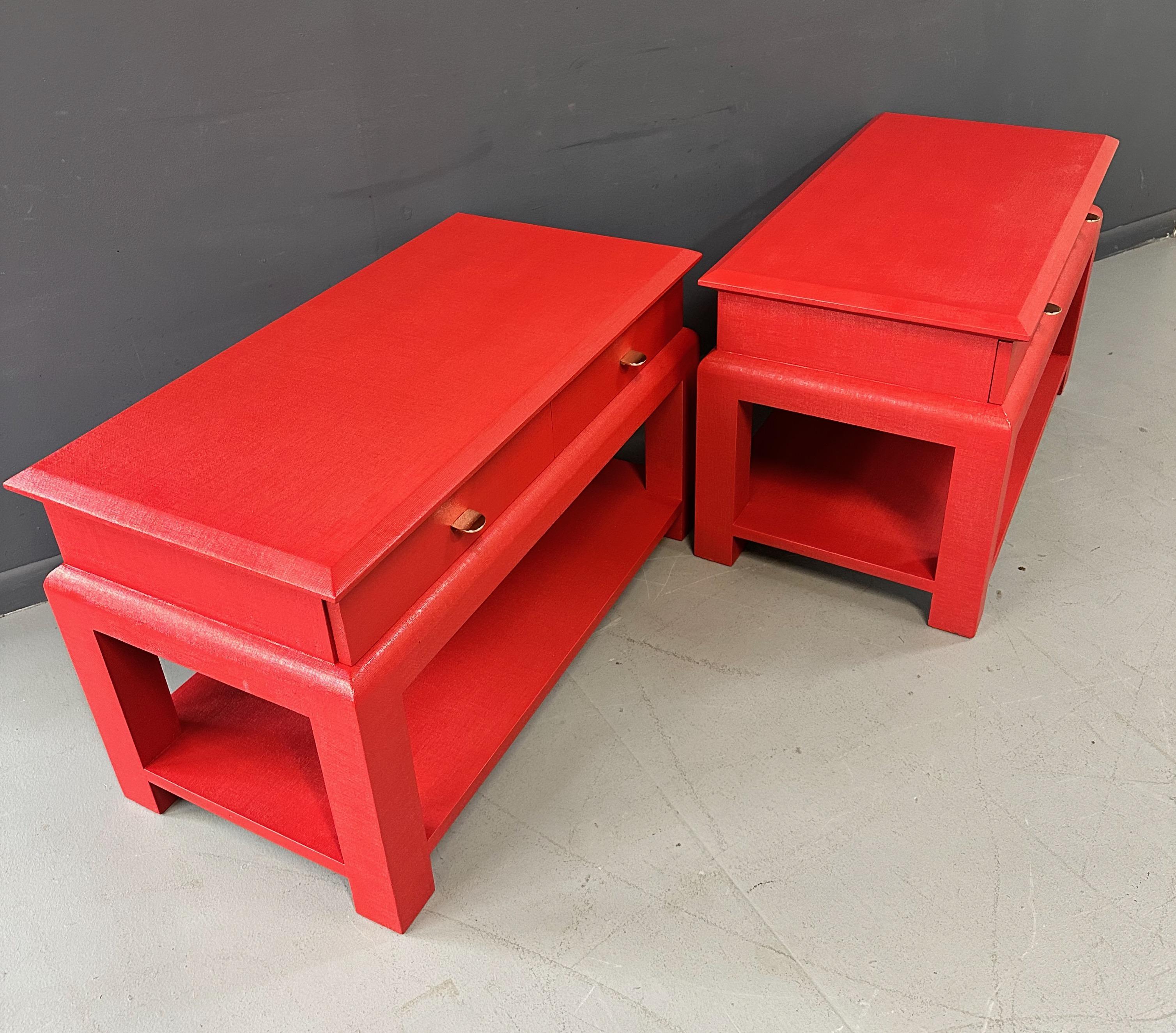 20th Century Karl Springer Style Lacquered Red Raffia Side Tables w/ Brass Pulls Mid Century For Sale