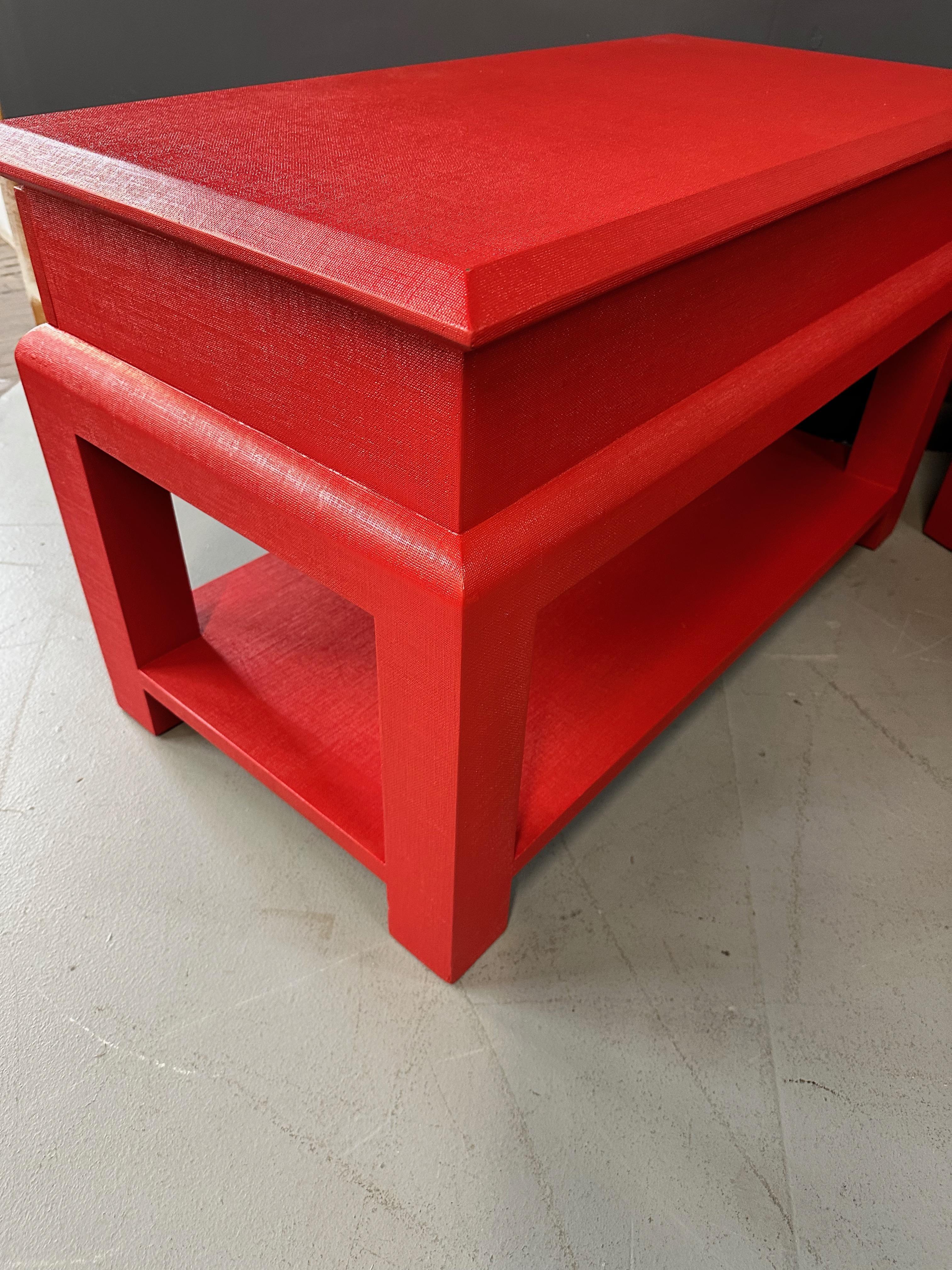 Karl Springer Style Lacquered Red Raffia Side Tables w/ Brass Pulls Mid Century For Sale 2