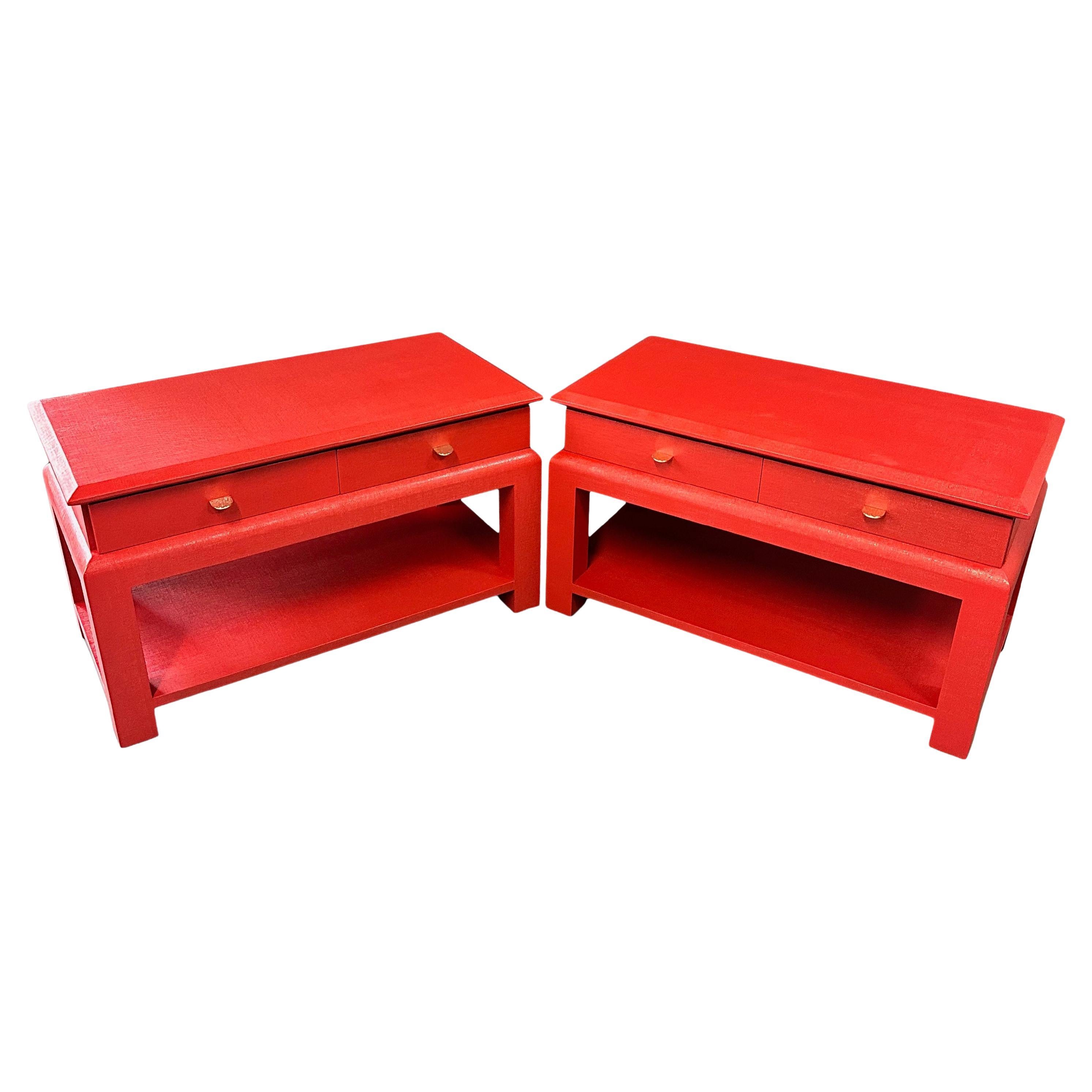 Karl Springer Style Lacquered Red Raffia Side Tables w/ Brass Pulls Mid Century For Sale
