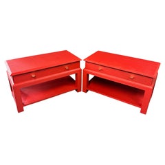 Karl Springer Style Lacquered Red Raffia Side Tables w/ Brass Pulls Mid Century