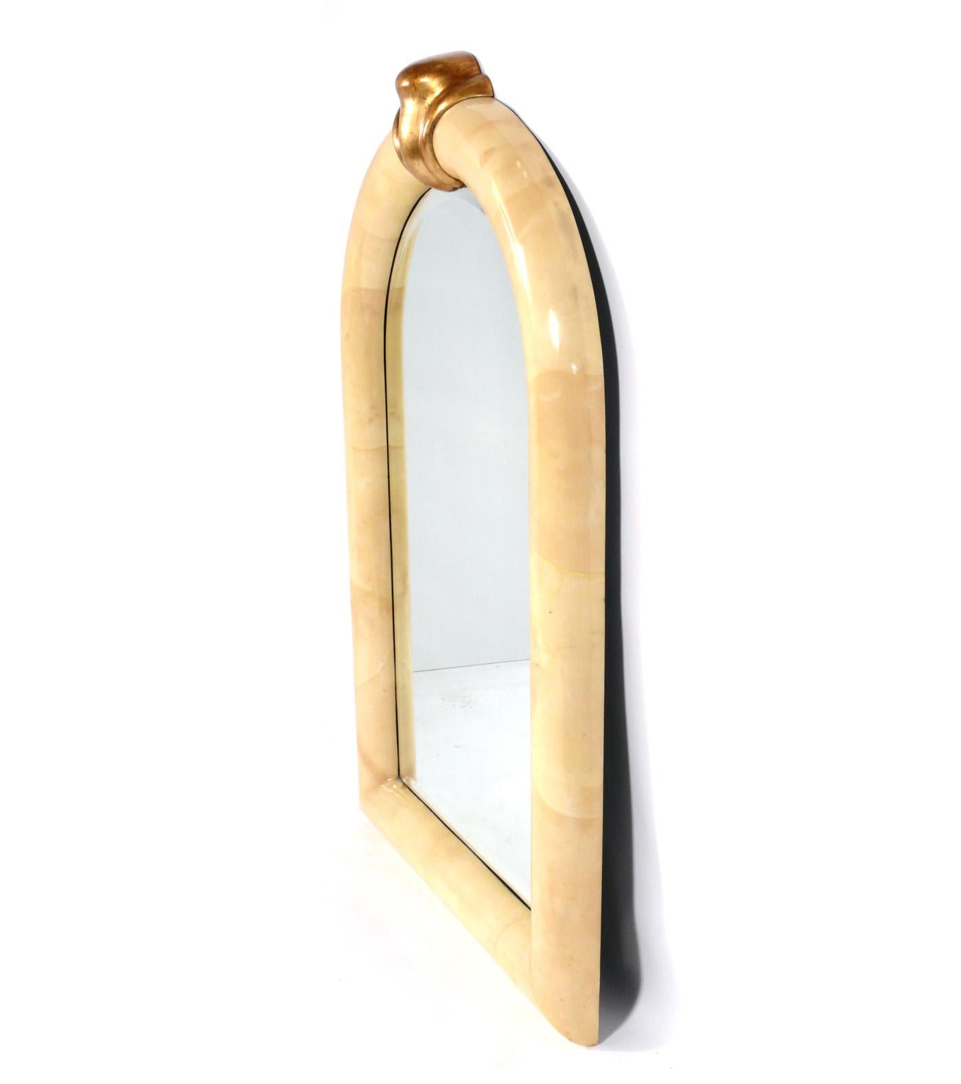 Karl Springer Style Large Scale Goatskin Mirror, American, circa 1980s. It measures an impressive 58.5