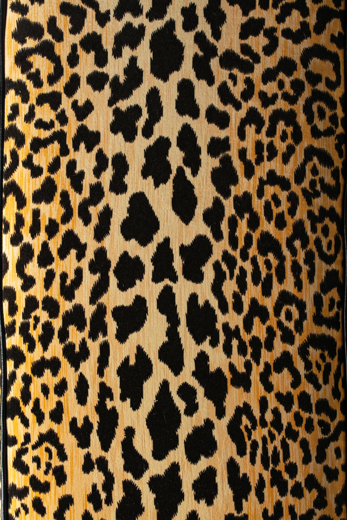 Karl Springer Style Large Waterfall Bench in Leopard Velvet & Black Leather For Sale 1
