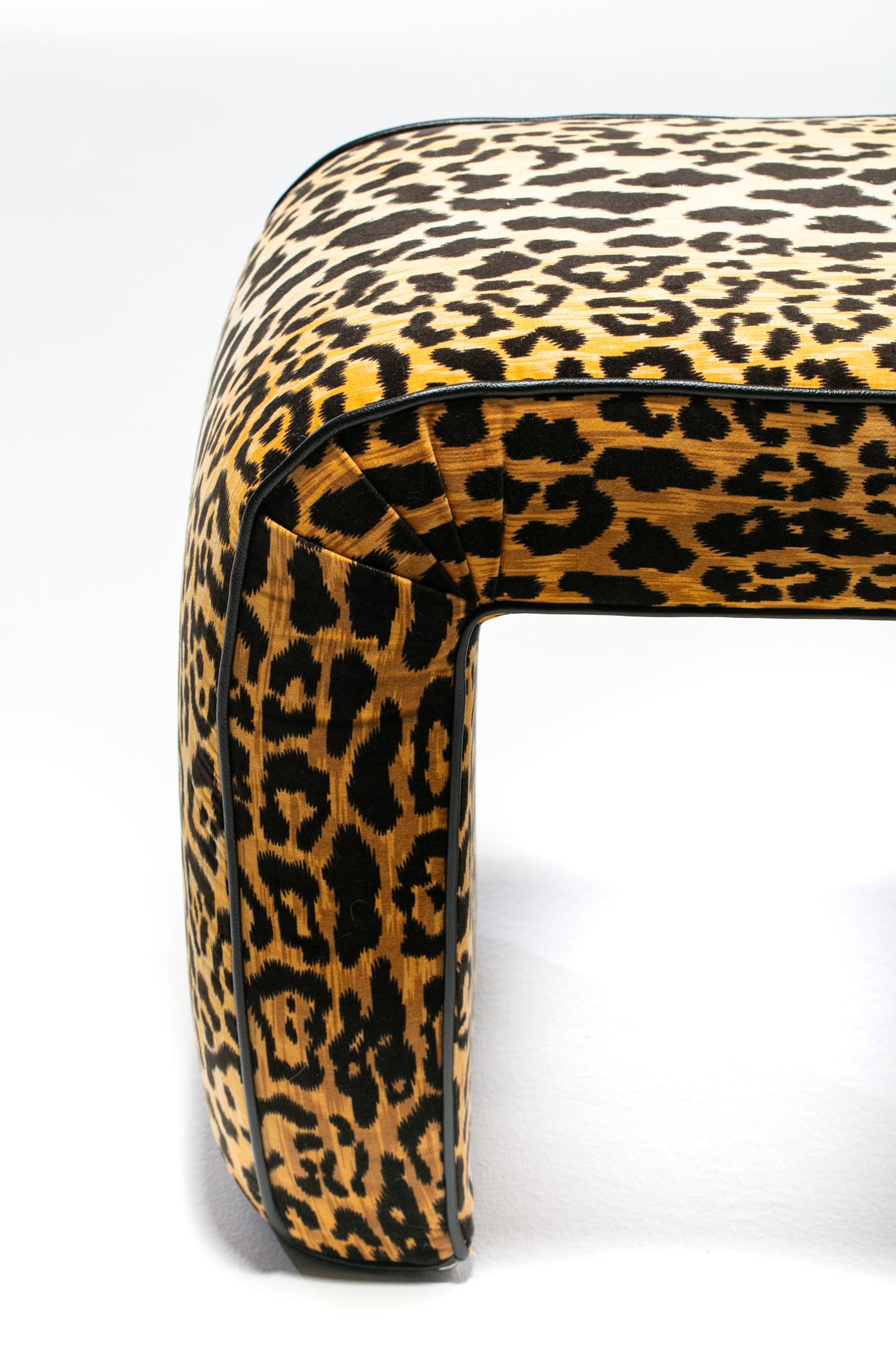 Karl Springer Style Large Waterfall Bench in Leopard Velvet & Black Leather For Sale 2